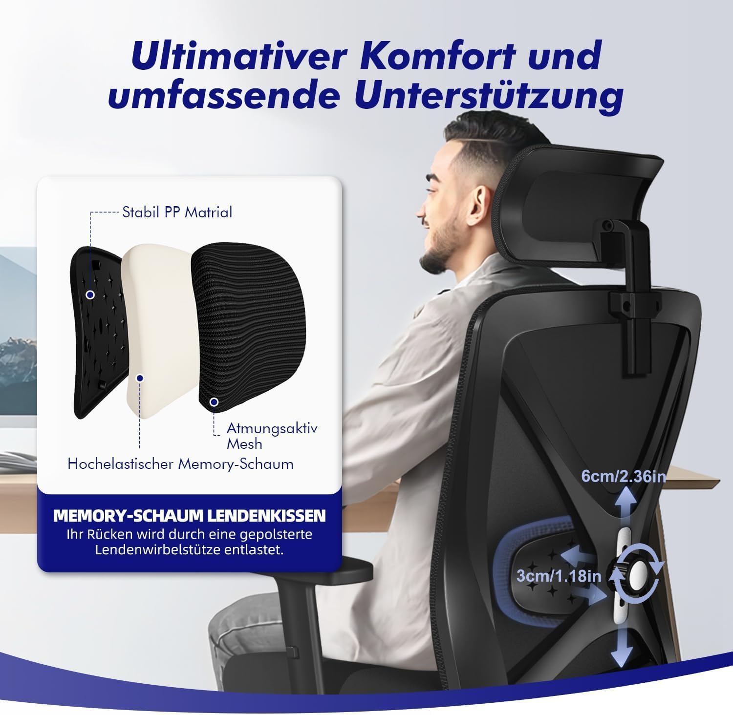 GTIMEX Bürostuhl ergonomisch, Bürostuhl Schreibtischstuhl mit Verstellbaren Armlehnen, Weiche Lendenstütze aus Naturschwamm und Kopfstütze, Chefsessel Drehstuhl Wippfunktion Bürostuhl 150kg