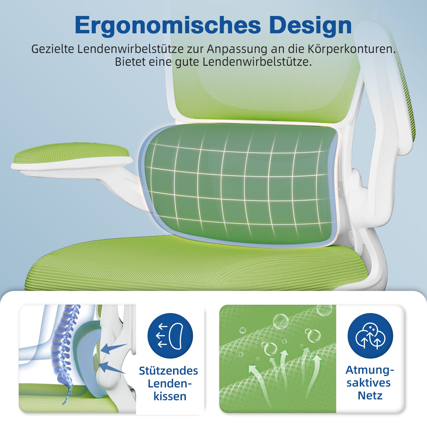 GTIMEX Bürostuhl, Bürostuhl Ergonomisch mit Lendenwirbelstütze, Klappbaren Armlehnen und Höhenverstellbarer, Ergonomischer Bürostuhl Wippfunktion bis 135°, Chefsessel Bürostuhl 150 kg, Grün