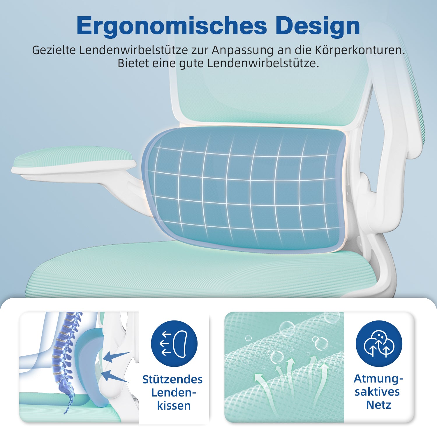 GTIMEX Bürostuhl mit Klappbaren Armlehnen, Lendenwirbelstütze und Höhenverstellbarer, Ergonomisch 150 kg, Wippfunktion bis 135°, Blaugrün