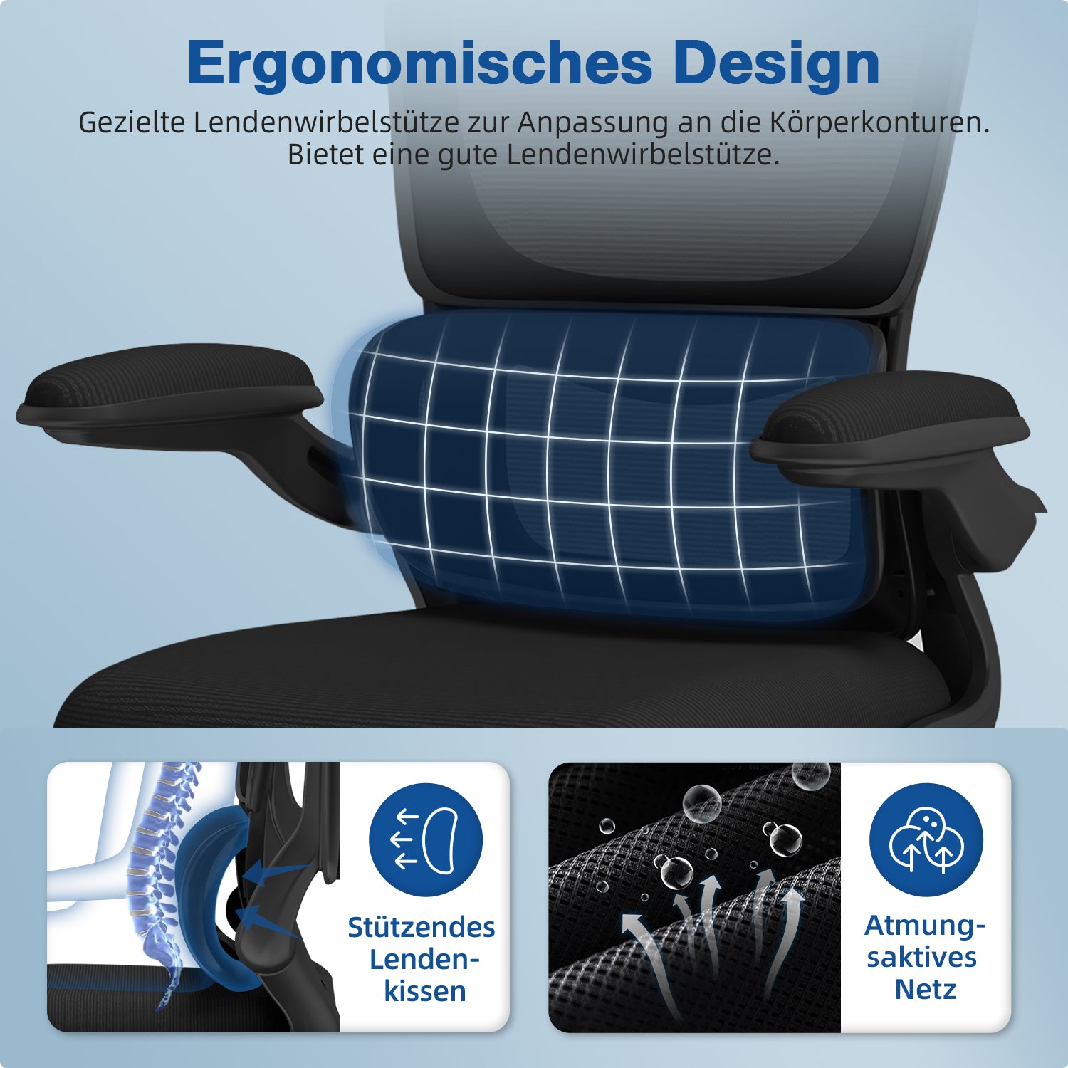 GTIMEX Bürostuhl, Bürostuhl Ergonomisch mit Verstellbarer Kopfstütze, Lendenwirbelstütze und Klappbaren Armlehnen, Chefsessel150 kg, Ergonomischer Stuhl Wippfunktion bis 135°,Schwarz