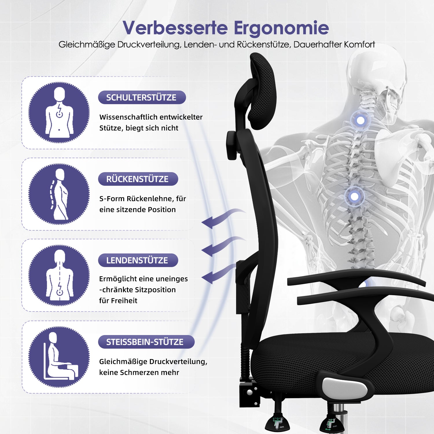 GTIMEX Bürostuhl, Schreibtischstuhl Bürostuhl ergonomisch, höhenverstellbare Rückenlehne, Drehstuhl mit Verstellbarer Kopfstütze, Bürostuhl Wippfunktion bis 135°, Atmungsaktiv, Chefsessel 130 kg Belastbar