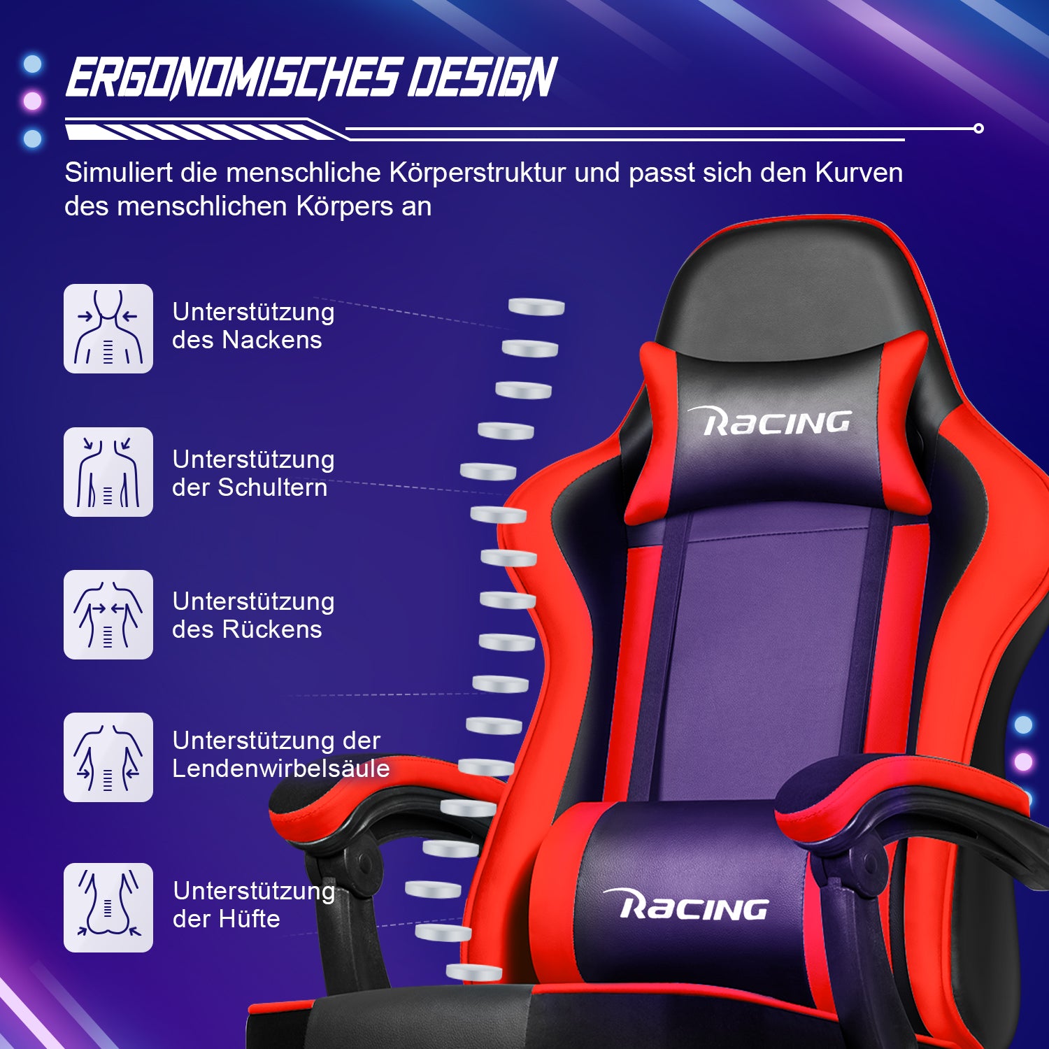 GTIMEX Gaming-Stuhl, ergonomischer Bürostuhl mit ausziehbarer Fußstütze, Gaming-Stuhl mit Kopfstütze und Lendenwirbelstütze, gepolsterter Gaming-Sessel 150 kg, höhenverstellbarer Gaming-Stuhl