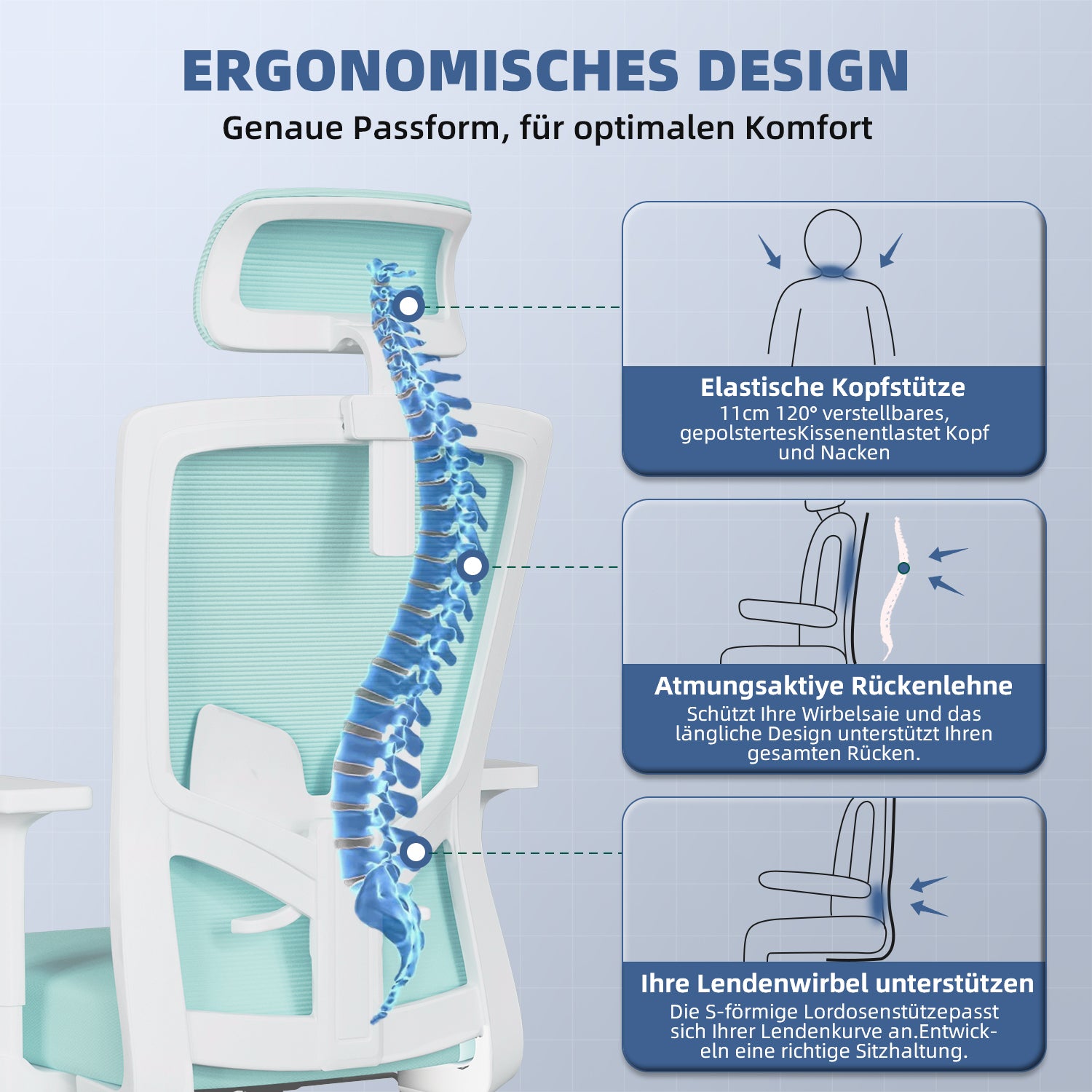GTIMEX Bürostuhl Ergonomisch, Ergonomischer Bürostuhl mit Verstellbarer Lendenwirbelstütze, Armlehnen und Kopfstütze, Drehstuhl Bürostuhl 150 kg, Schreibtischstuhl Chefsessel Wippfunktion bis 135°,Blaugrün
