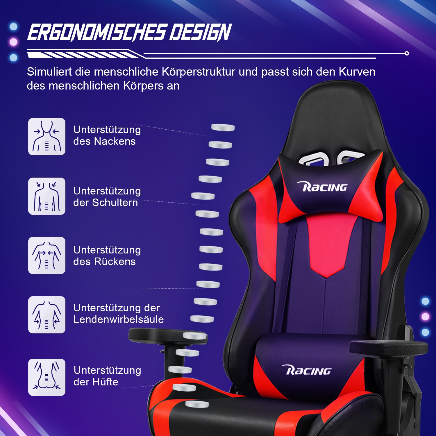 GTIMEX Gaming Stuhl, Bürostuhl Ergonomisch mit verstellbare Lendenkissen, Kopfkissen und Armlehnen,Gaming Chair Gepolstert,Gamer Stuhl Wippfunktion,Gaming Stuhl 150 kg Belastbarkeit