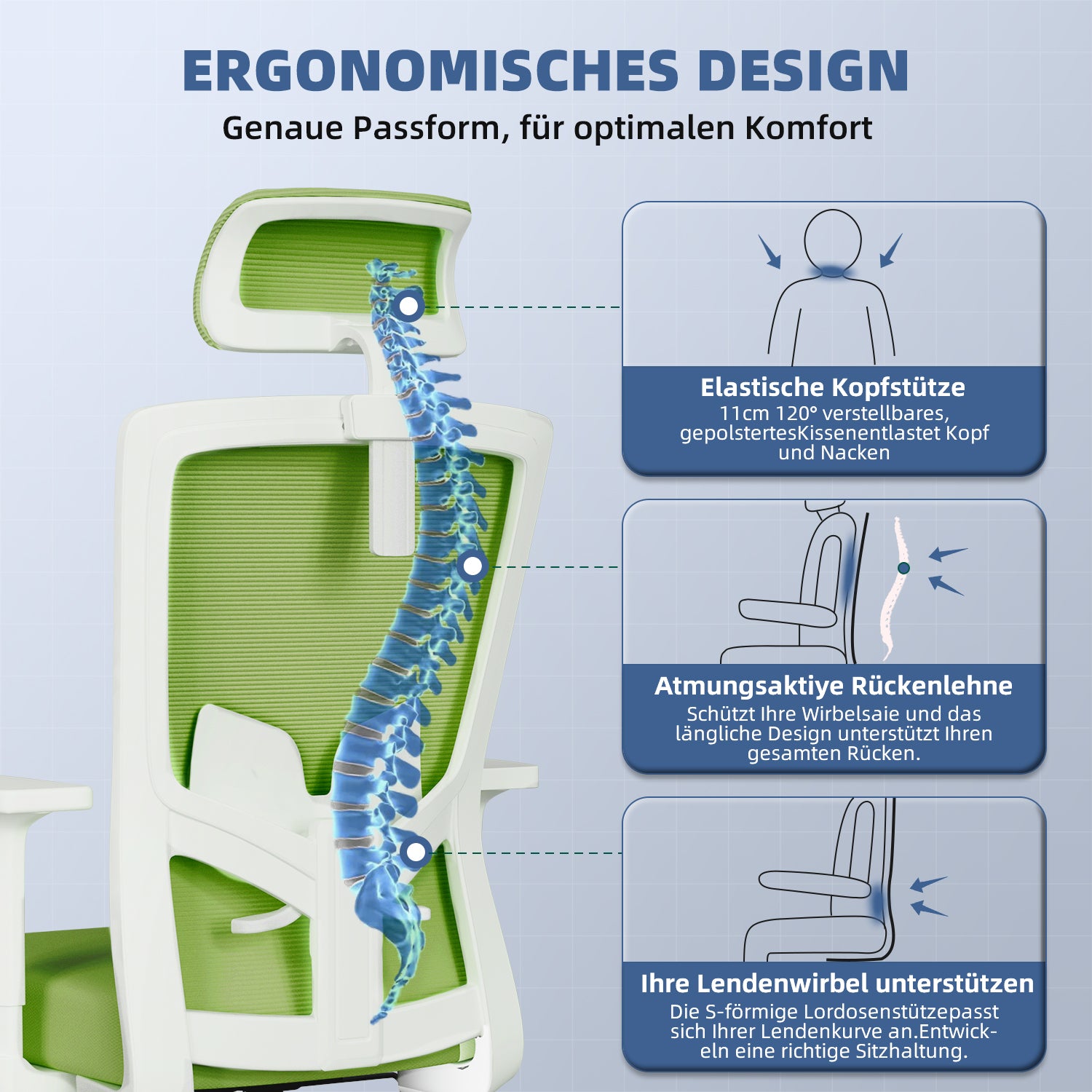 GTIMEX Bürostuhl Ergonomisch, Ergonomischer Bürostuhl mit Verstellbarer Lendenwirbelstütze, Armlehnen und Kopfstütze, Drehstuhl Bürostuhl 150 kg, Schreibtischstuhl Chefsessel Wippfunktion bis 135°,Grün