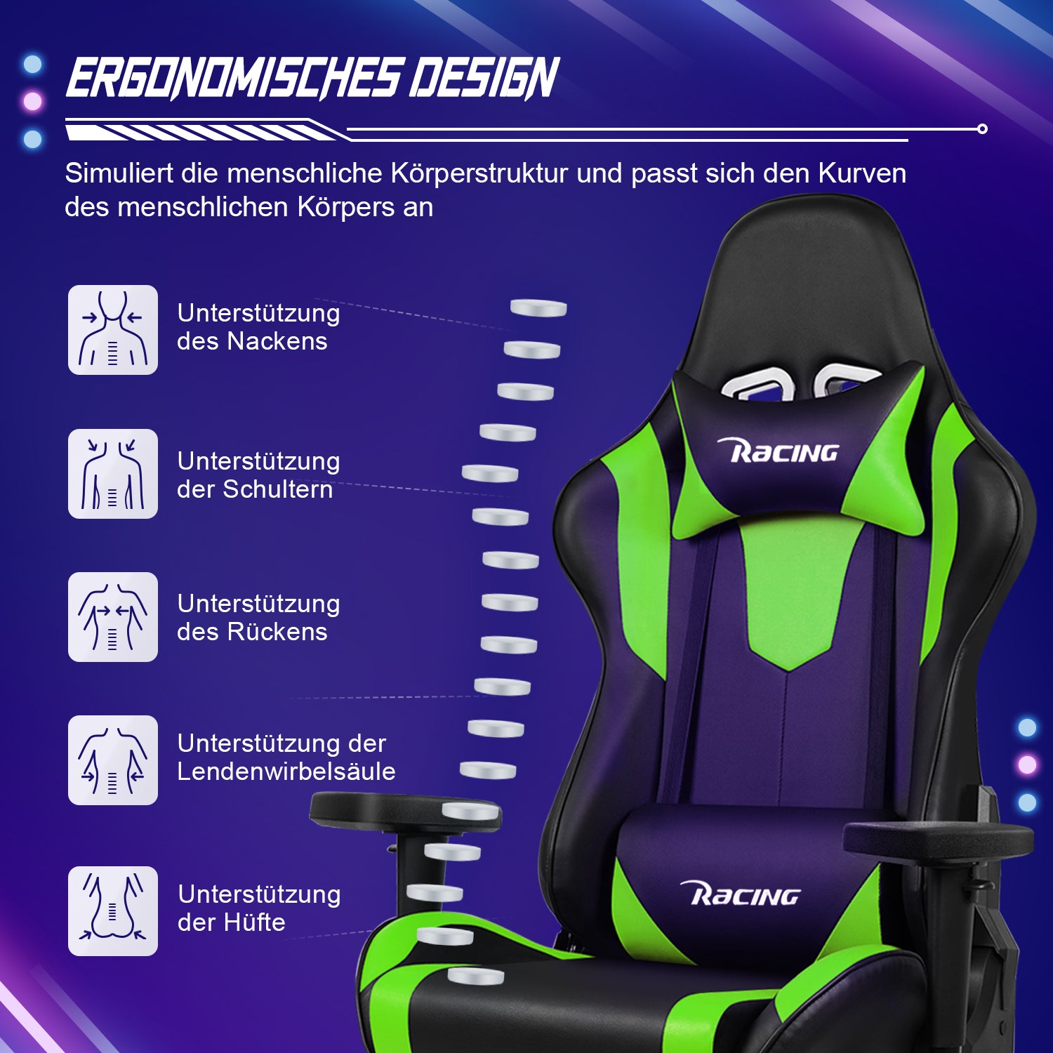 GTIMEX Gaming Stuhl, Bürostuhl Ergonomisch mit verstellbare Lendenkissen, Kopfkissen und Armlehnen,Gaming Chair Gepolstert,Gamer Stuhl Wippfunktion,Gaming Stuhl 150 kg Belastbarkeit