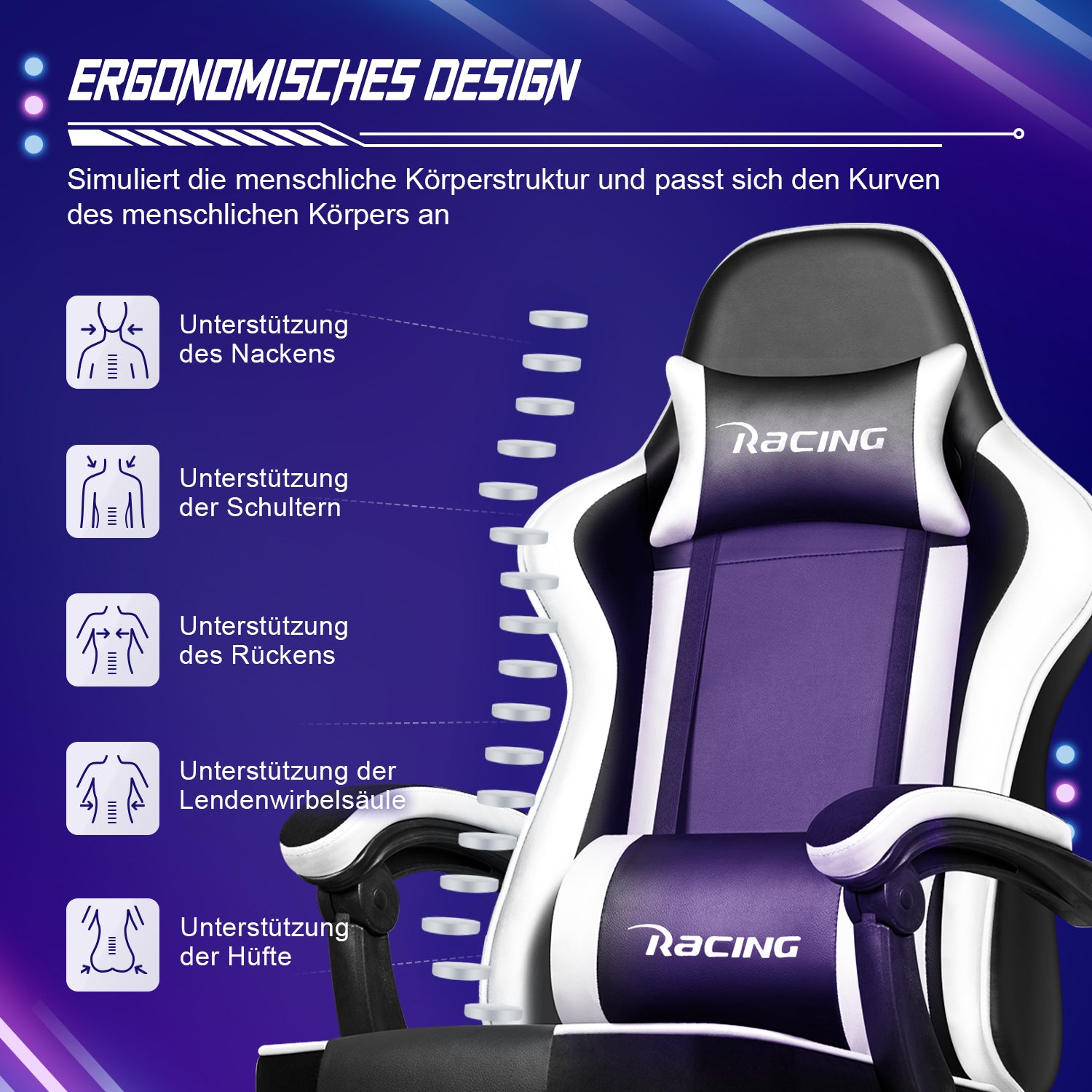 GTIMEX Gaming-Stuhl, ergonomischer Bürostuhl mit ausziehbarer Fußstütze, Gaming-Stuhl mit Kopfstütze und Lendenwirbelstütze, gepolsterter Gaming-Sessel 150 kg, höhenverstellbarer Gaming-Stuhl