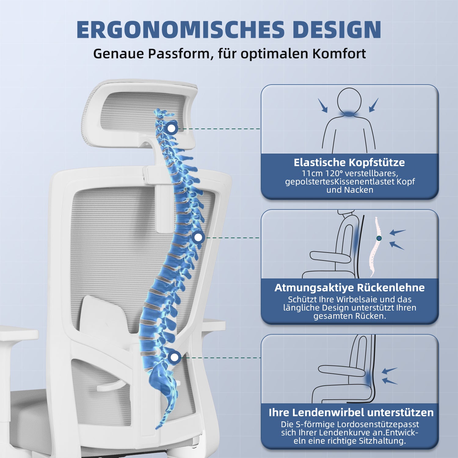 GTIMEX Bürostuhl Ergonomisch, Ergonomischer Bürostuhl mit Verstellbarer Lendenwirbelstütze, Armlehnen und Kopfstütze, Drehstuhl Bürostuhl 150 kg, Schreibtischstuhl Chefsessel Wippfunktion bis 135°,Grau
