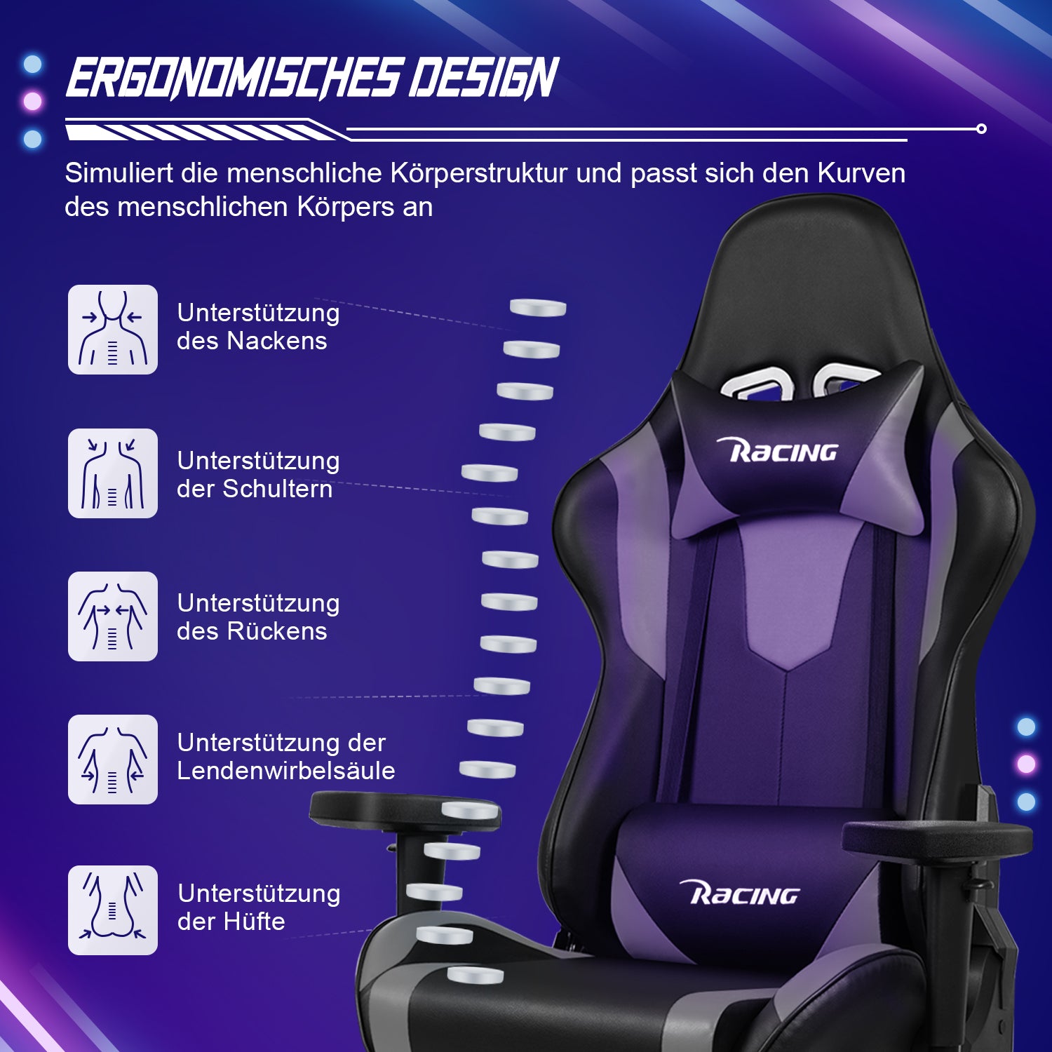 GTIMEX Gaming Stuhl, Bürostuhl Ergonomisch mit verstellbare Lendenkissen, Kopfkissen und Armlehnen,Gaming Chair Gepolstert,Gamer Stuhl Wippfunktion,Gaming Stuhl 150 kg Belastbarkeit
