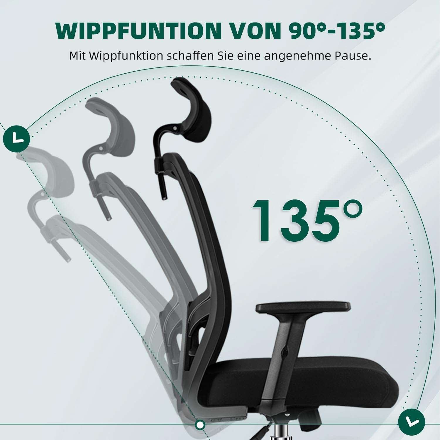 GTIMEX Bürostuhl Ergonomisch, Ergonomischer Bürostuhl mit Verstellbarer Lendenwirbelstütze, Armlehnen und Kopfstütze, Drehstuhl Bürostuhl 150 kg, Schreibtischstuhl Chefsessel Wippfunktion bis 135°