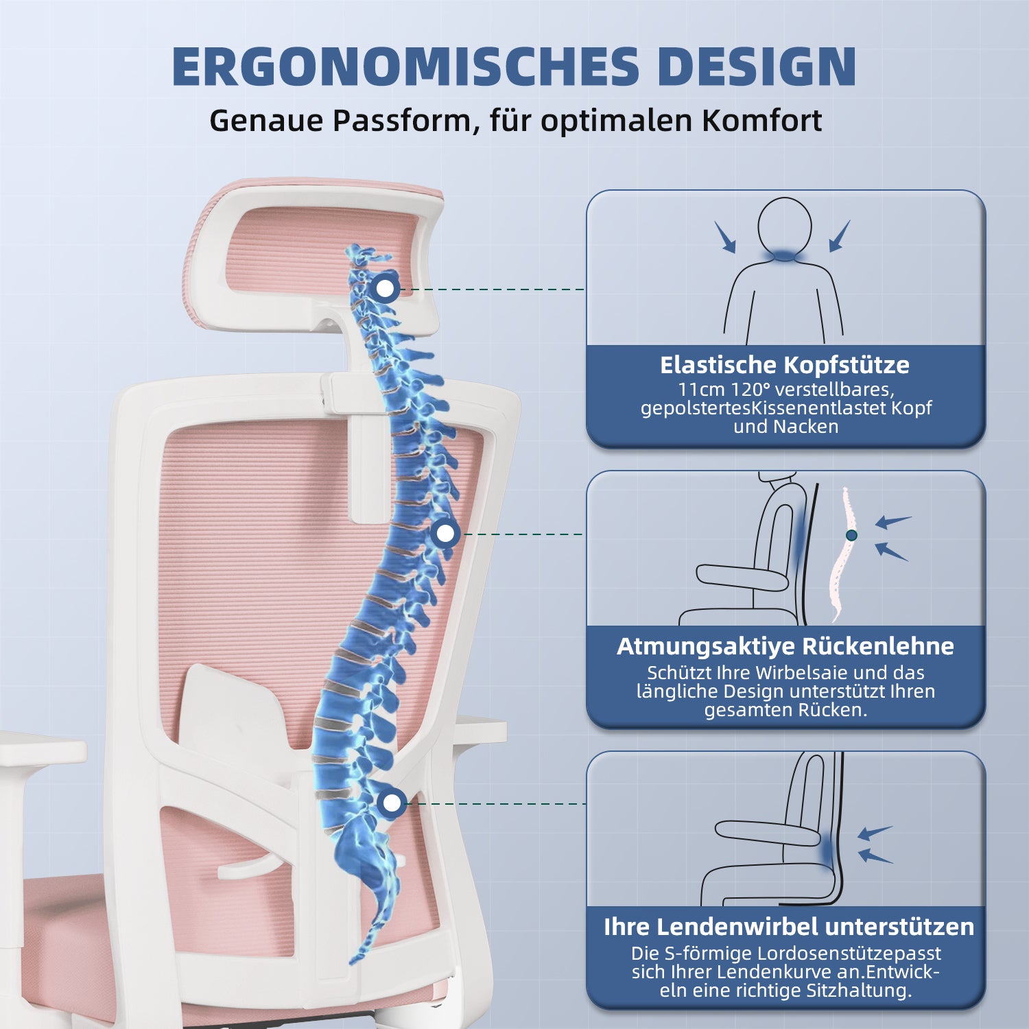 GTIMEX Bürostuhl Ergonomisch, Ergonomischer Bürostuhl mit Verstellbarer Lendenwirbelstütze, Armlehnen und Kopfstütze, Drehstuhl Bürostuhl 150 kg, Schreibtischstuhl Chefsessel Wippfunktion bis 135°,Rosa