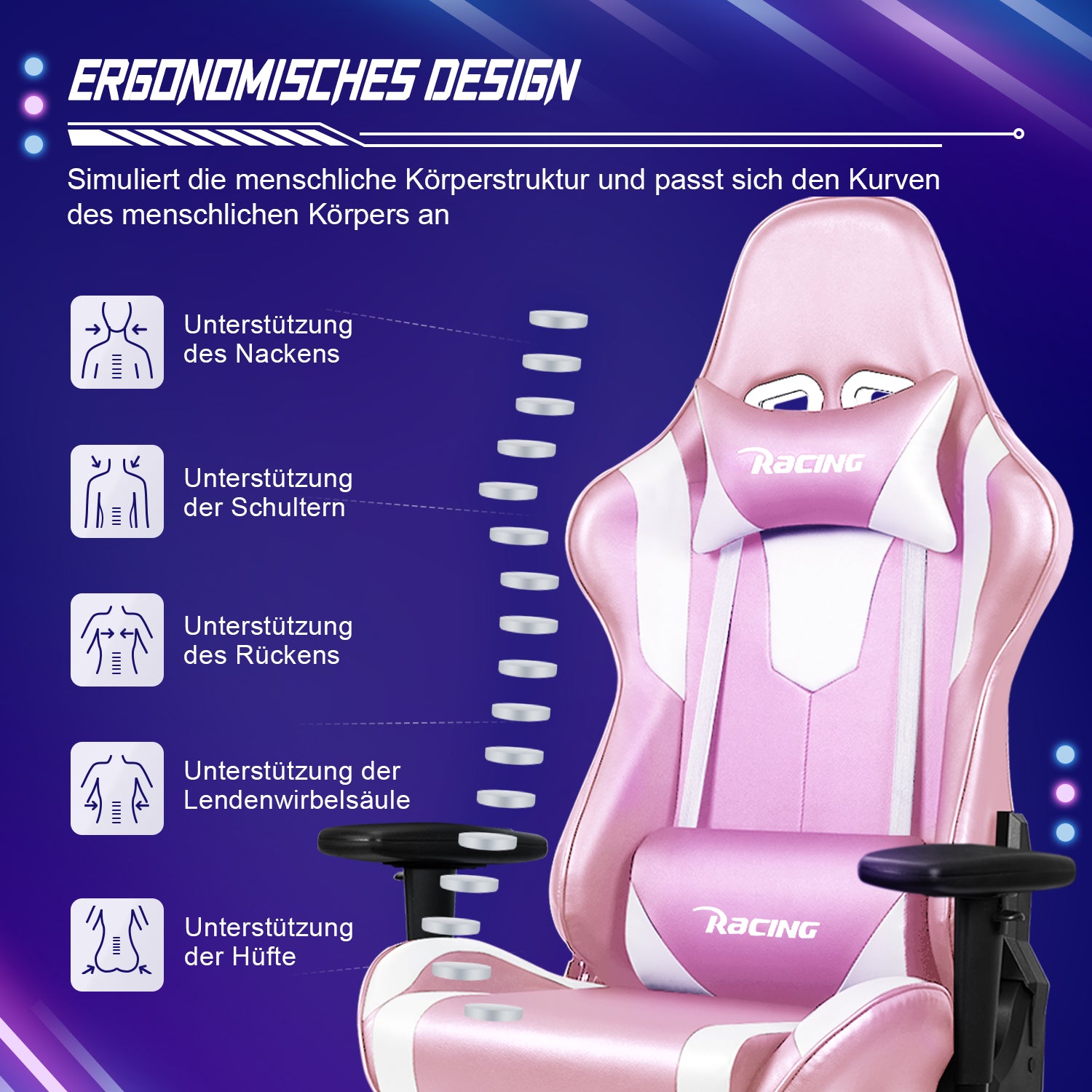 GTIMEX Gaming Stuhl, Bürostuhl Ergonomisch mit verstellbare Lendenkissen, Kopfkissen und Armlehnen,Gaming Chair Gepolstert,Gamer Stuhl Wippfunktion,Gaming Stuhl 150 kg Belastbarkeit
