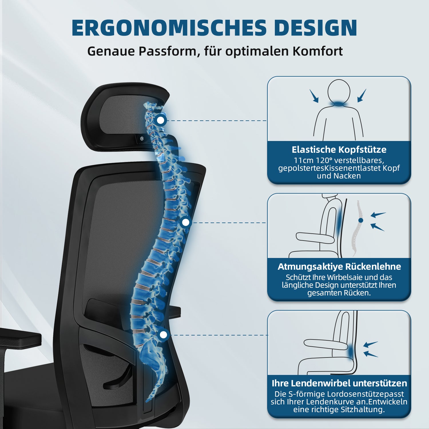 GTIMEX Bürostuhl Ergonomisch, Schreibtischstuhl mit Verstellbarer Kopfstütze, Armlehnen, Lendenwirbelstütze, Drehstuhl Wippfunktion, Chefsessel aus Mesh,Rückenschonend, Bürostuhl 150kg