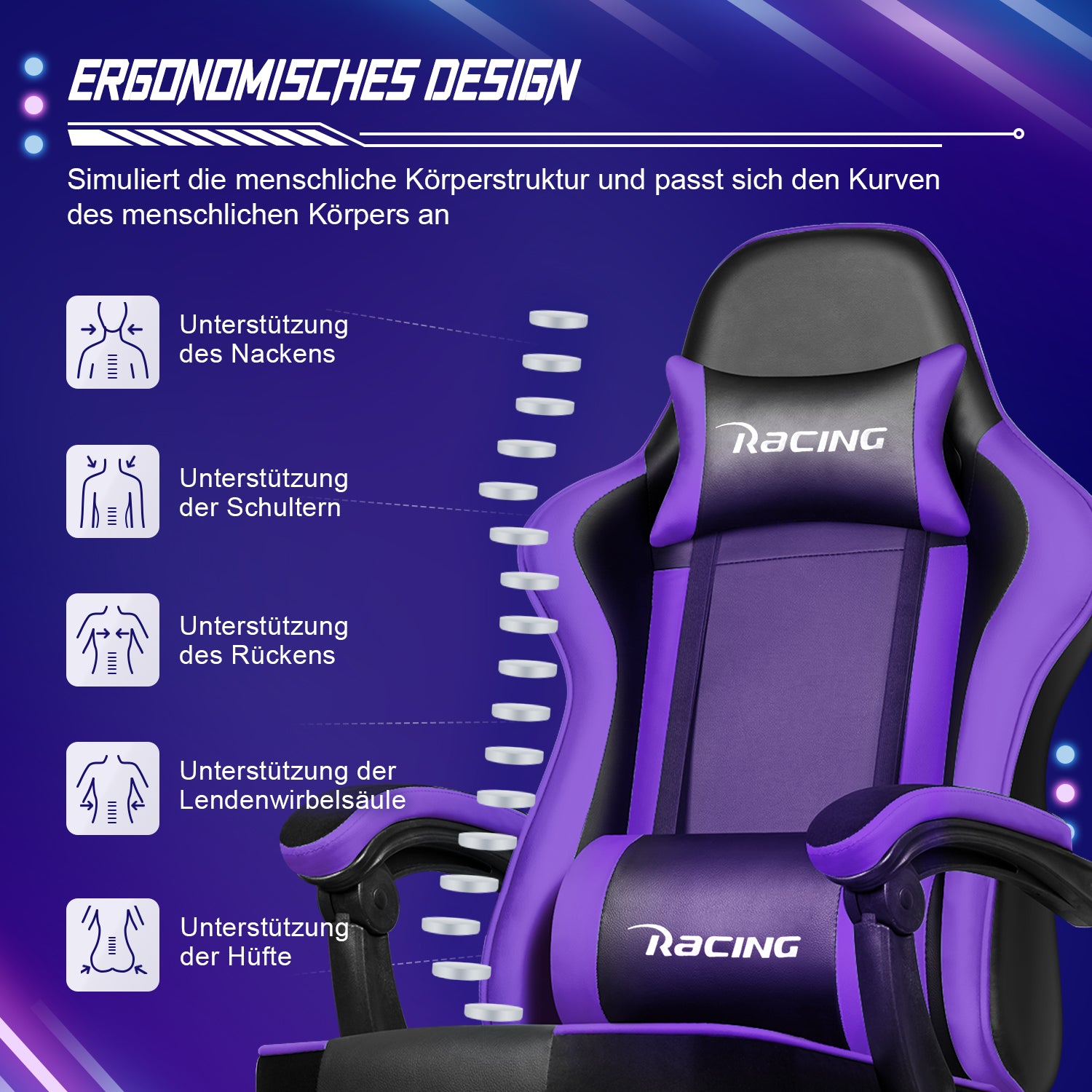 GTIMEX Gaming-Stuhl, ergonomischer Bürostuhl mit ausziehbarer Fußstütze, Gaming-Stuhl mit Kopfstütze und Lendenwirbelstütze, gepolsterter Gaming-Sessel 150 kg, höhenverstellbarer Gaming-Stuh
