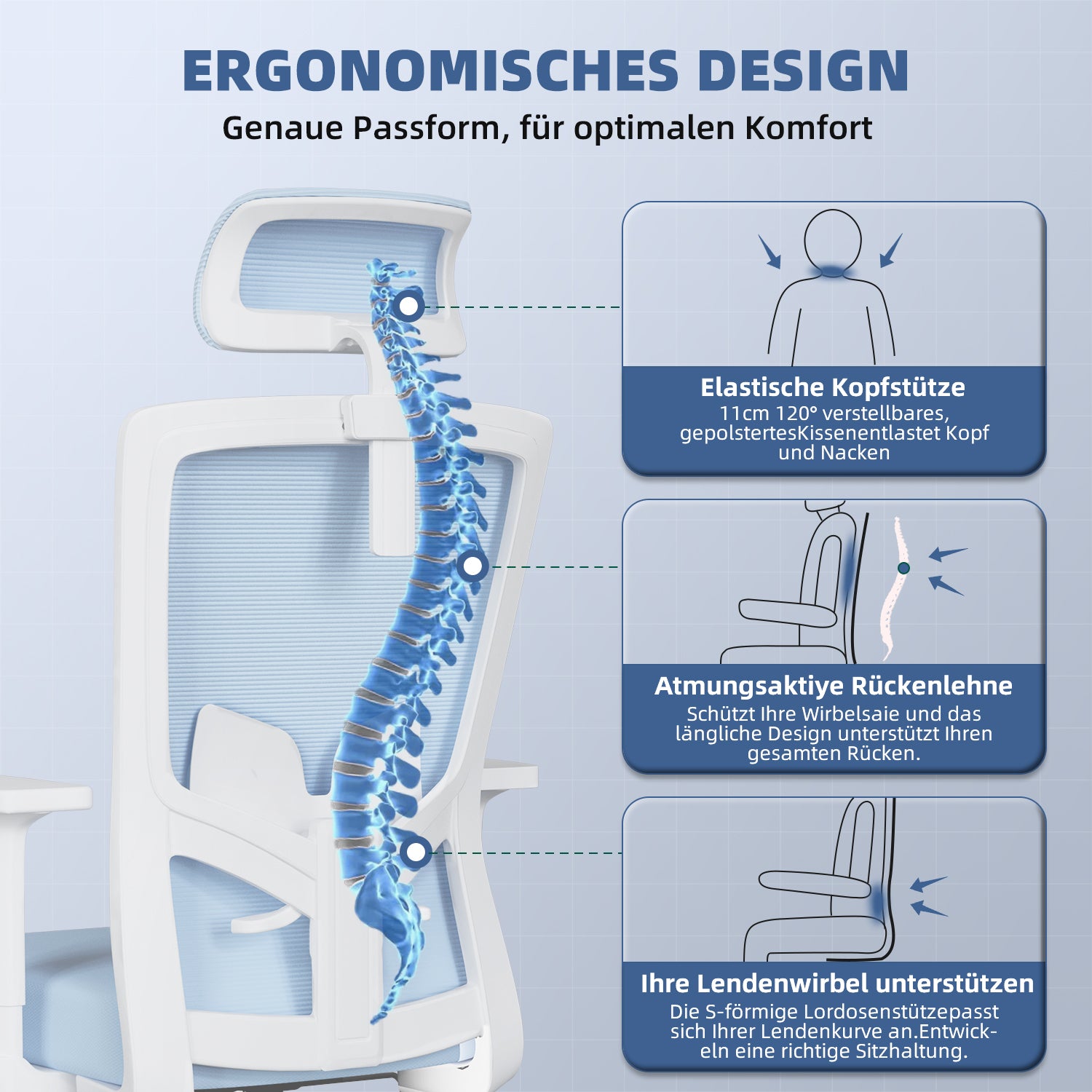 GTIMEX Bürostuhl Ergonomisch, Ergonomischer Bürostuhl mit Verstellbarer Lendenwirbelstütze, Armlehnen und Kopfstütze, Drehstuhl Bürostuhl 150 kg, Schreibtischstuhl Chefsessel Wippfunktion bis 135°,Blau