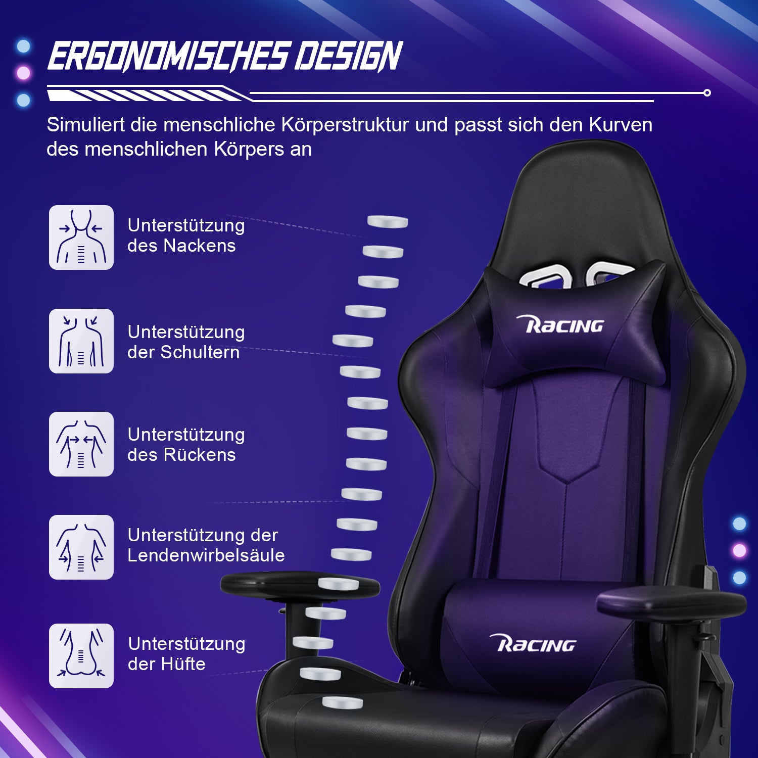 GTIMEX Gaming Stuhl, Bürostuhl Ergonomisch mit verstellbare Lendenkissen, Kopfkissen und Armlehnen,Gaming Chair Gepolstert,Gamer Stuhl Wippfunktion,Gaming Stuhl 150 kg Belastbarkeit
