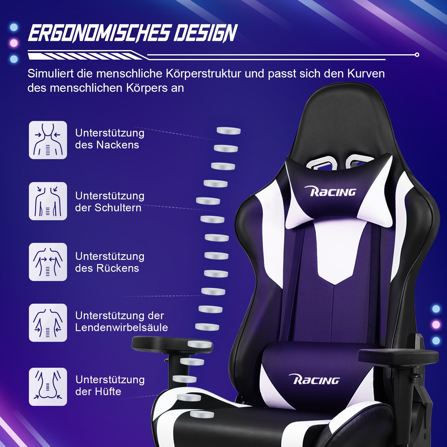 GTIMEX Gaming Stuhl, Bürostuhl Ergonomisch mit verstellbare Lendenkissen, Kopfkissen und Armlehnen,Gaming Chair Gepolstert,Gamer Stuhl Wippfunktion,Gaming Stuhl 150 kg Belastbarkeit