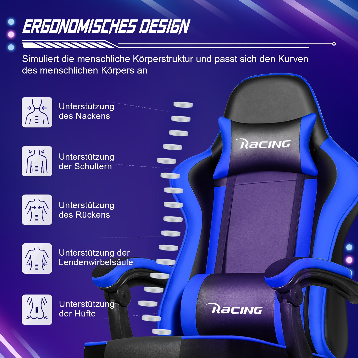GTIMEX Gaming-Stuhl, ergonomischer Bürostuhl mit ausziehbarer Fußstütze, Gaming-Stuhl mit Kopfstütze und Lendenwirbelstütze, gepolsterter Gaming-Sessel 150 kg, höhenverstellbarer Gaming-Stuhl