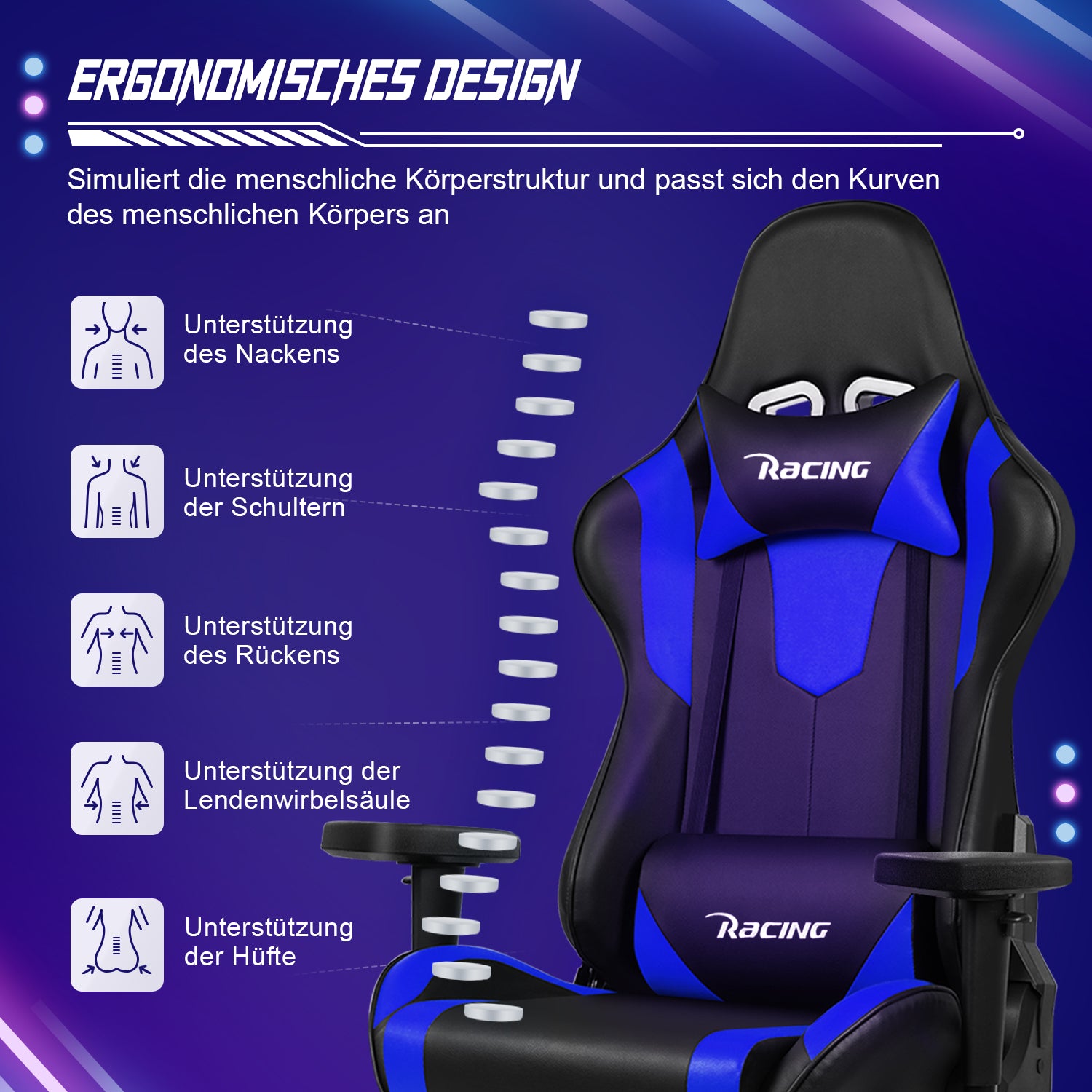 GTIMEX Gaming Stuhl, Bürostuhl Ergonomisch mit verstellbare Lendenkissen, Kopfkissen und Armlehnen,Gaming Chair Gepolstert,Gamer Stuhl Wippfunktion,Gaming Stuhl 150 kg Belastbarkeit