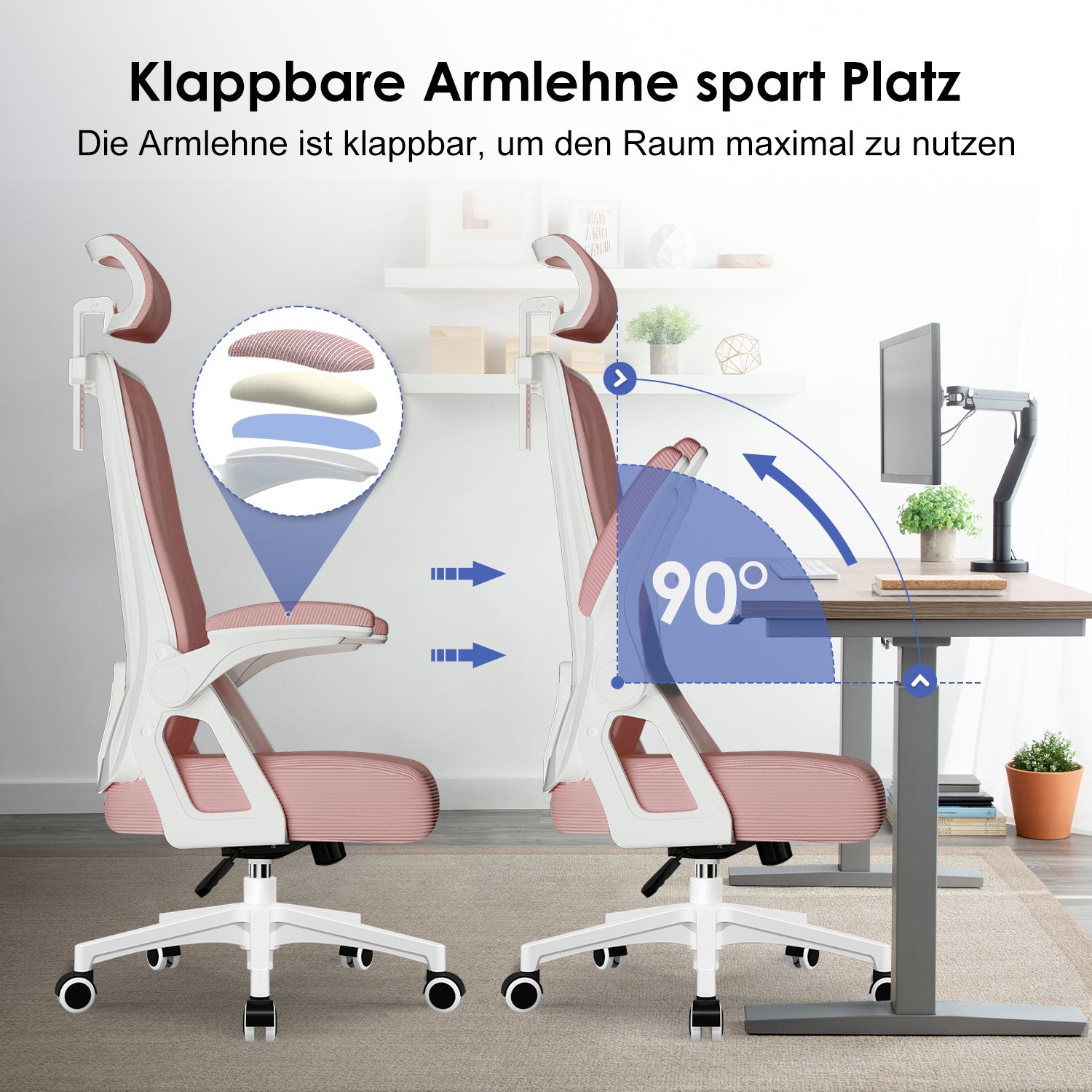 GTIMEX Bürostuhl,Bürostuhl Ergonomisch mit Verstellbarer Kopfstütze,Armlehnen und Lendenwirbelstütze, Schreibtischstuhl Drehstuhl Wippfunktion bis 135°,Chefsessel Rückenschonend, 150kg, Rosa