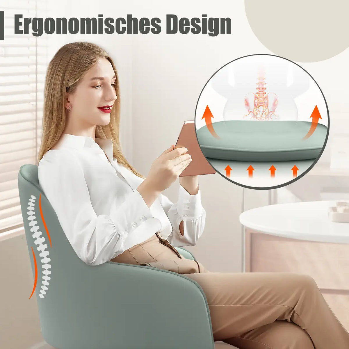 GTIMEX Bürostuhl Homeoffice Stuhl, Schminkstuhl mit Armlehnen, Drehstuhl mit Rollen Samt Stuhl, höhenverstellbar, für Schminktisch, Arbeitszimmer, Schlafzimmer, 150 kg) Hellgrün