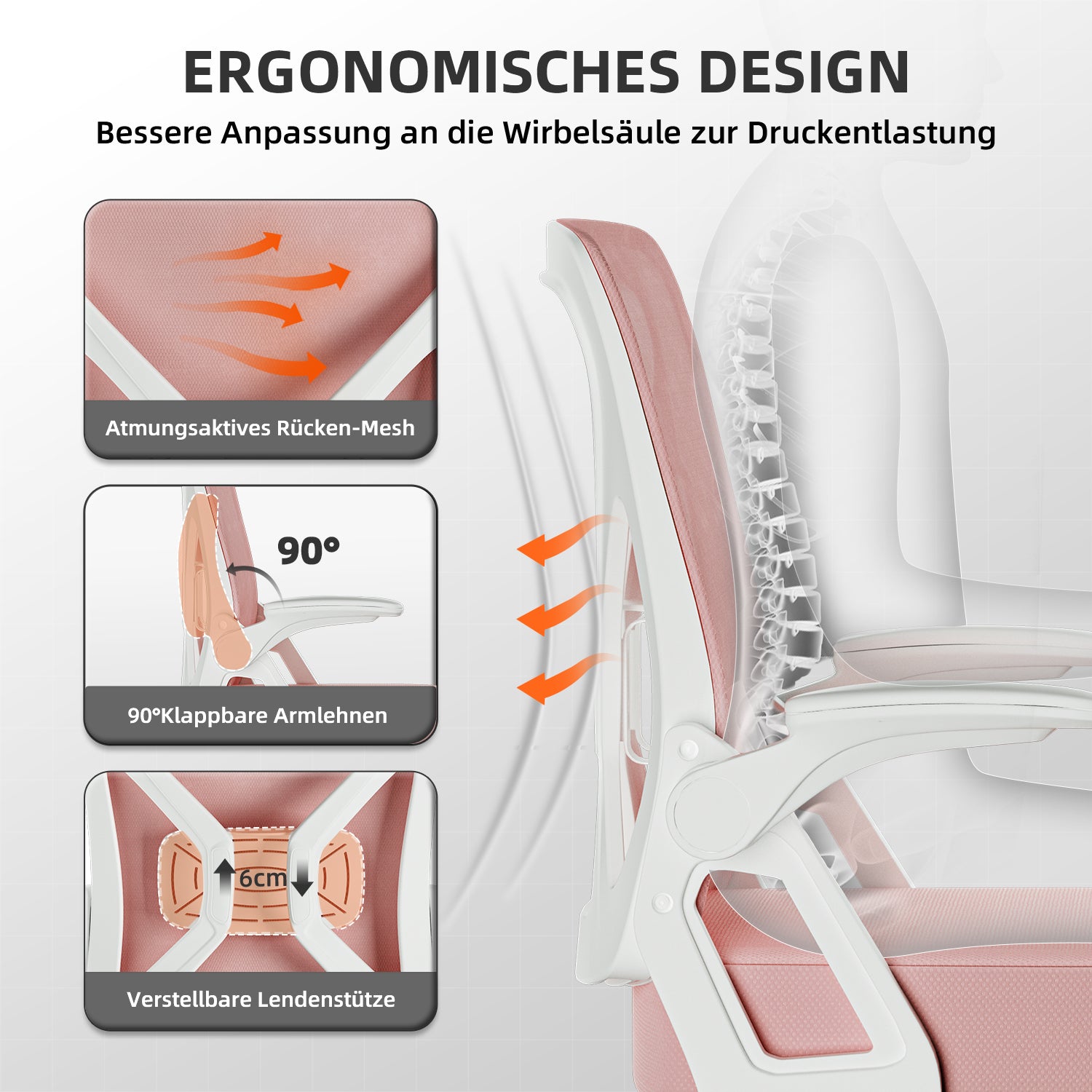 GTIMEX Bürostuhl, Schreibtischstuhl Bürostuhl Ergonomisch mit Einstellbarer Lendenstütze, Hochklappbaren Armlehnen, Höhenverstellbarer Chefsessel, Rückenschonend, Netzstuhl mit Wippfunktion,Rosa