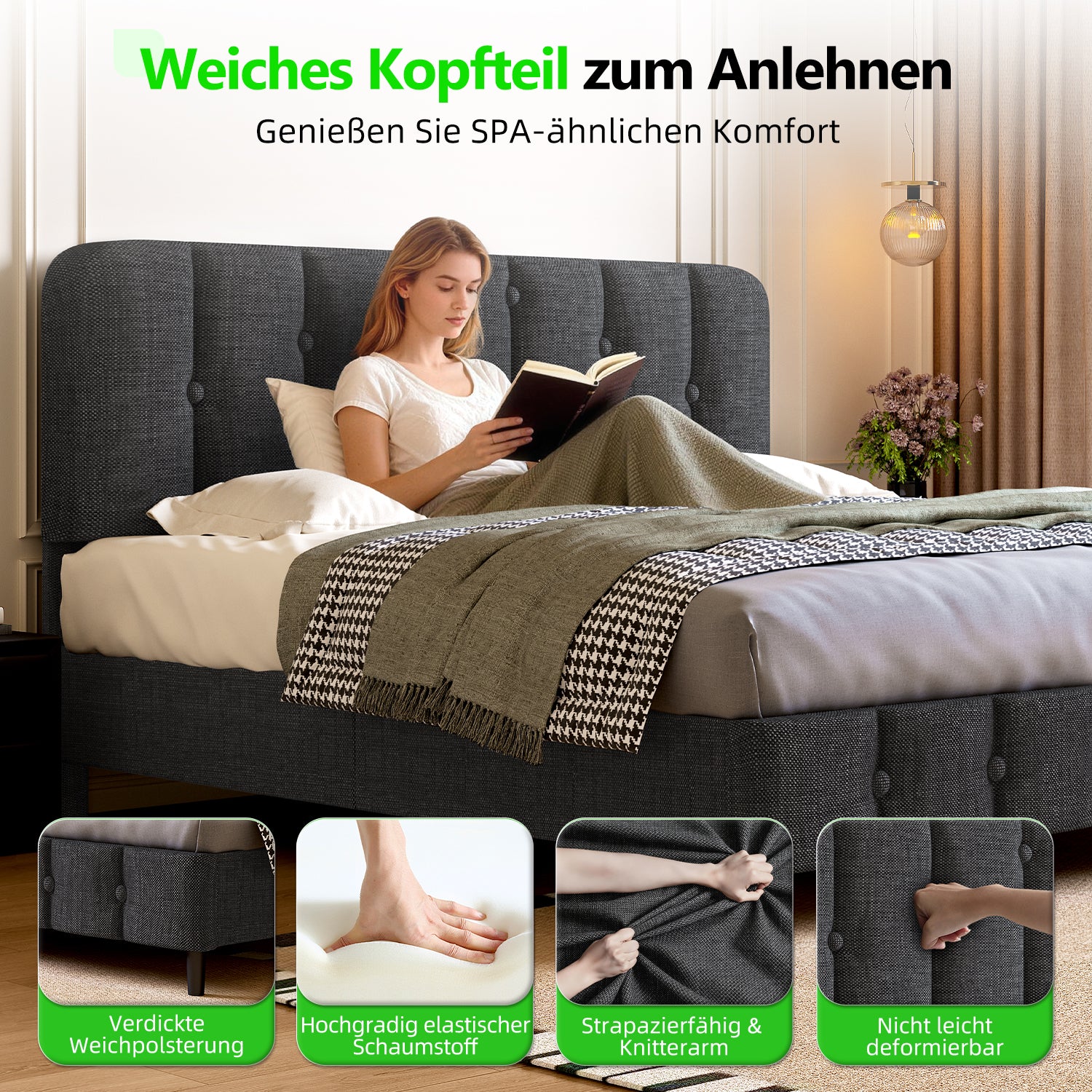 GTIMEX Polsterbett 140x200 cm Bett mit Lattenrost,Doppelbett mit gepolstertem Kopfteil, Einfache Montage, Robustes Gestell und Hochwertiger Leinenstoff,Farbe: Hellgrau