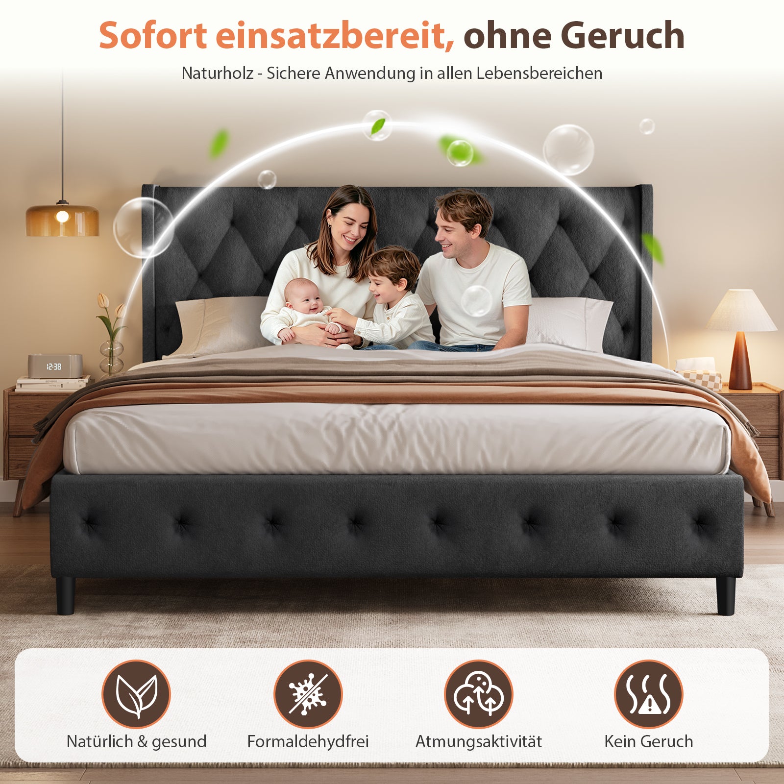 GTIMEX Polsterbett 140x200 cm Bett mit Lattenrost,Doppelbett mit gepolstertem Kopfteil, Massivholz-Lattenrost,Einfache Montage, Modernes Design, infache Montage,Robustes Gestell und Hochwertiger Samtstoff,Hellgrau