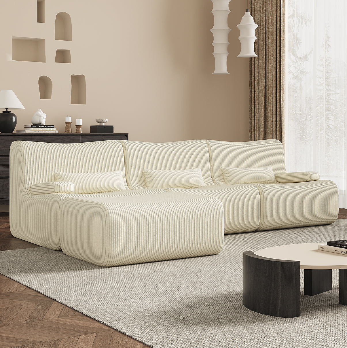 GTIMEX Ecksofa mit Schlaffunktion 250 x 170 x 76 cm, L-förmige Couch aus Cord,Memory-Schaumstoff, Tiefer Sitzfläche, Modulares Sofa mit Chaiselongue für Wohnzimmer und Schlafzimmer,Beige