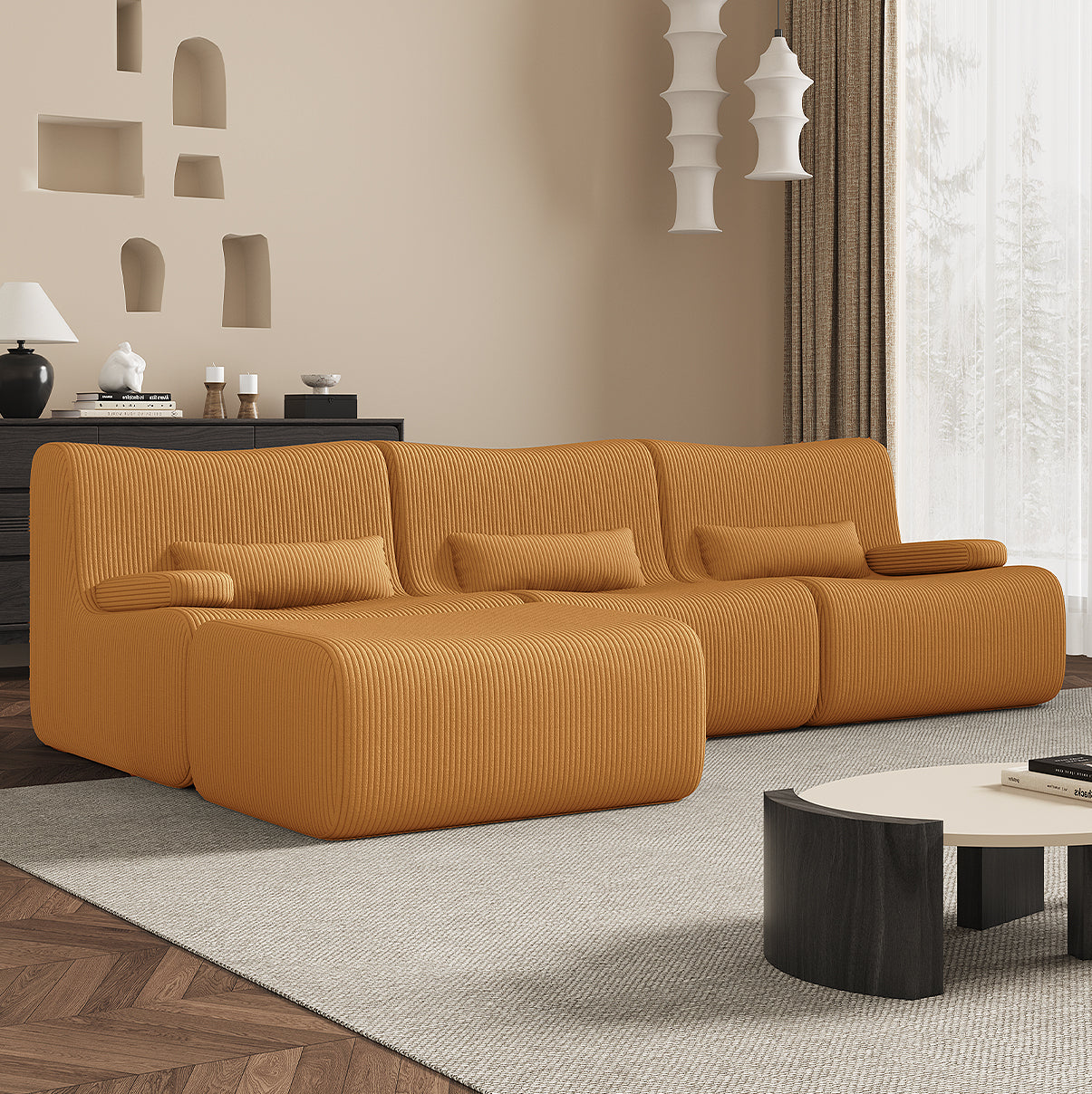 GTIMEX Ecksofa mit Schlaffunktion 250 x 170 x 76 cm, L-förmige Couch aus Cord,Memory-Schaumstoff, Tiefer Sitzfläche, Modulares Sofa mit Chaiselongue für Wohnzimmer und Schlafzimmer,Orange-Gelb
