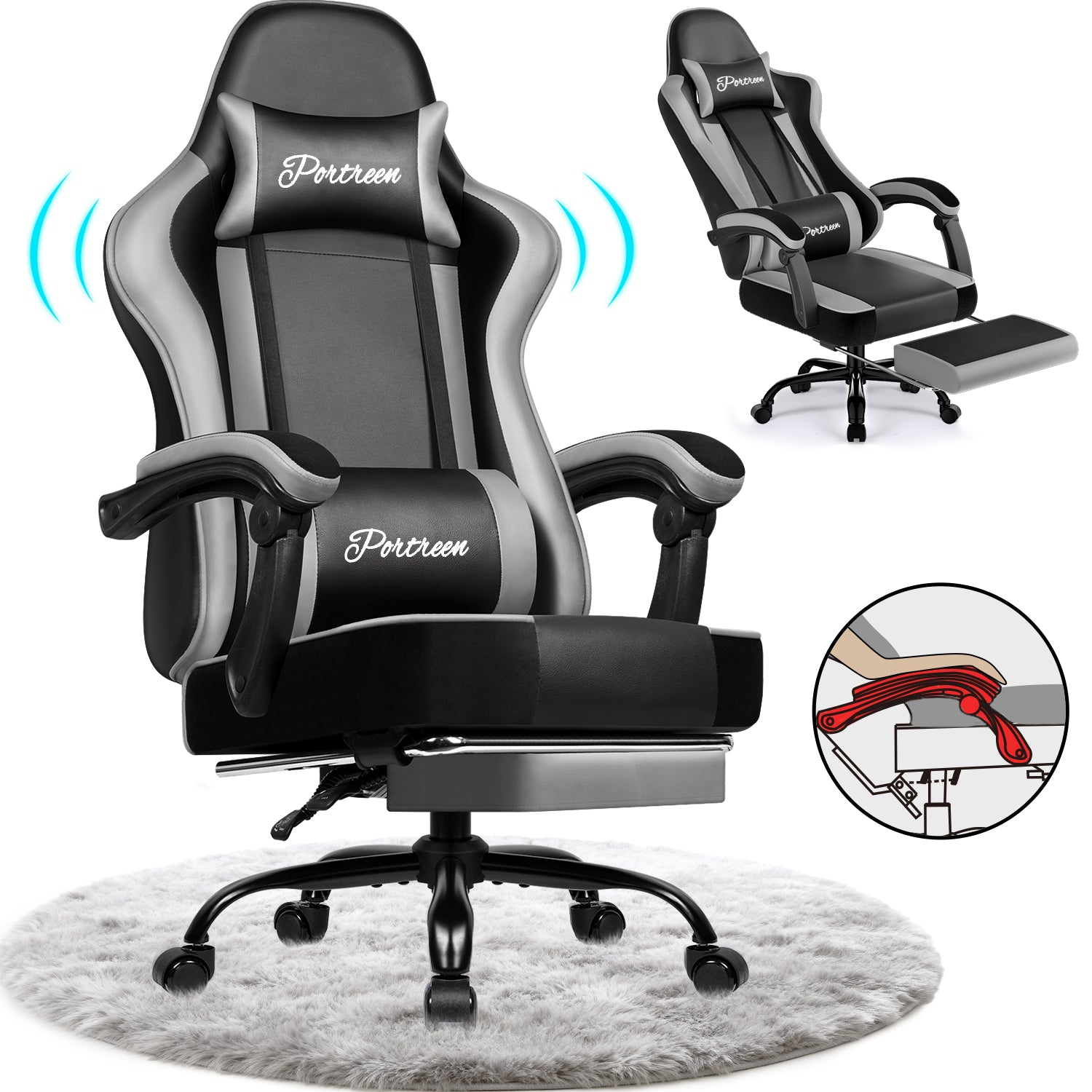 GTIMEX Gaming-Stuhl, ergonomischer Bürostuhl mit ausziehbarer Fußstütze, Gaming-Stuhl mit Kopfstütze und Lendenwirbelstütze, gepolsterter Gaming-Sessel 150 kg, höhenverstellbarer Gaming-Stuhl