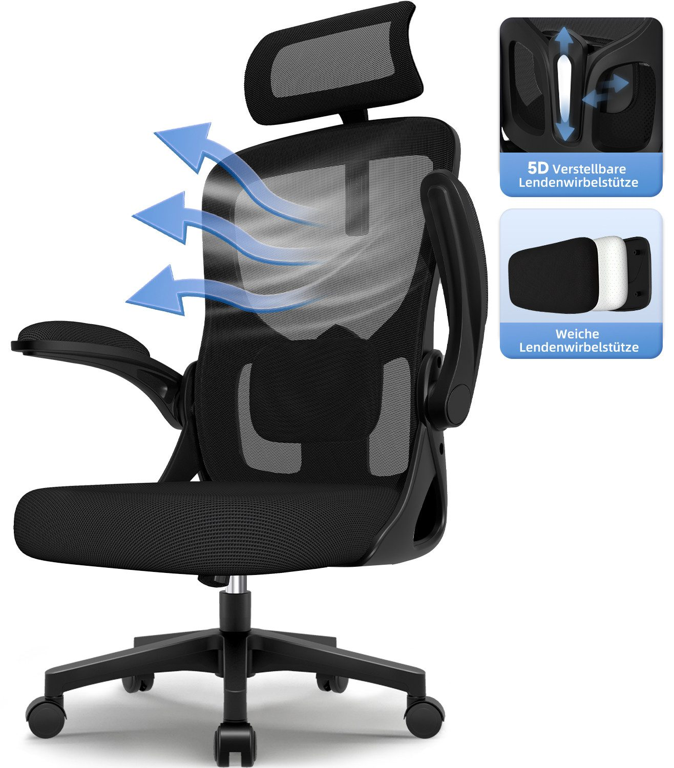 GTIMEX Bürostuhl, Ergonomischer Schreibtischstuhl, Drehstuhl, Chefsessel mit Verstellbare Armlehne,Bis 155 kg belastbar, Atmungsaktiv,Sitzhöhe Einstellung,Wippfunktion 90°-135, mit Lendenkissen, Schwarz