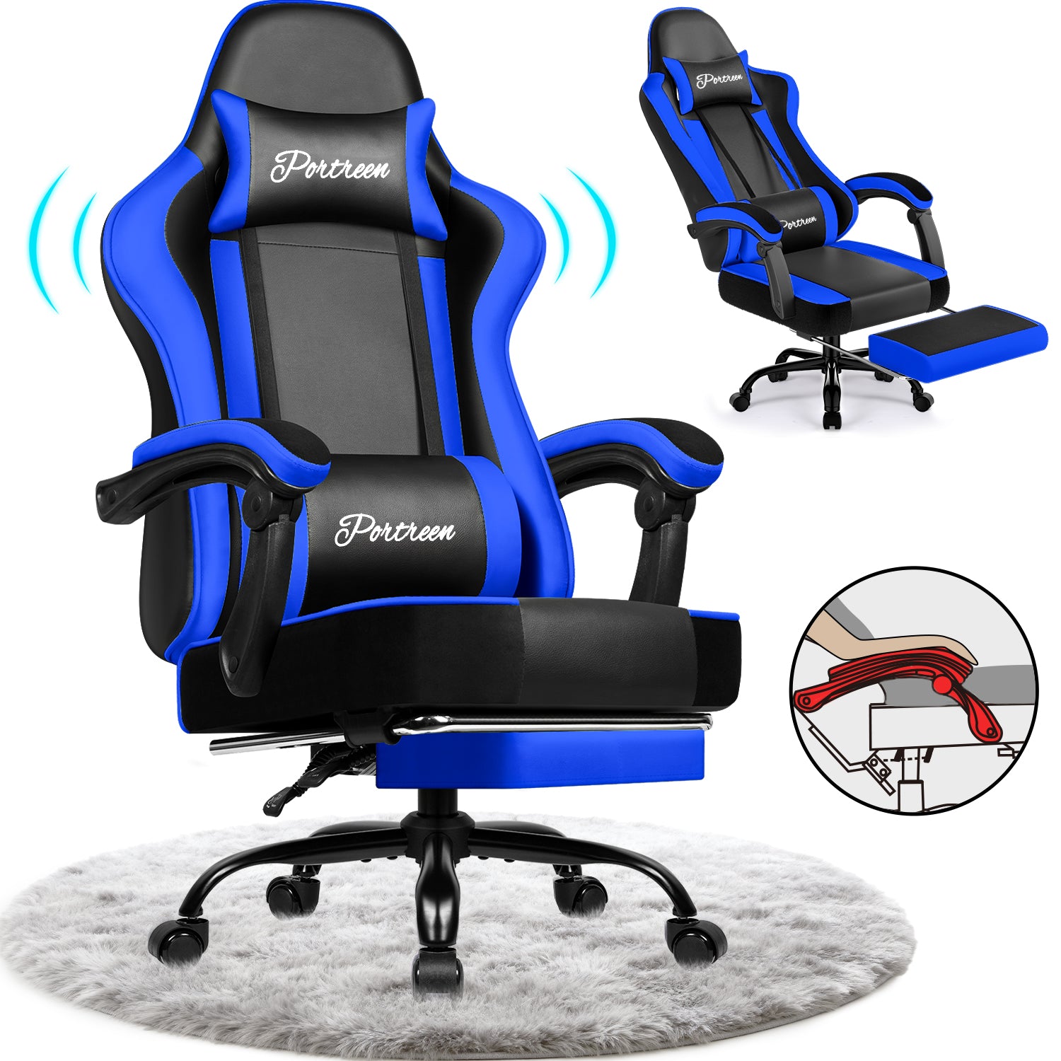 GTIMEX Gaming-Stuhl, ergonomischer Bürostuhl mit ausziehbarer Fußstütze, Gaming-Stuhl mit Kopfstütze und Lendenwirbelstütze, gepolsterter Gaming-Sessel 150 kg, höhenverstellbarer Gaming-Stuhl