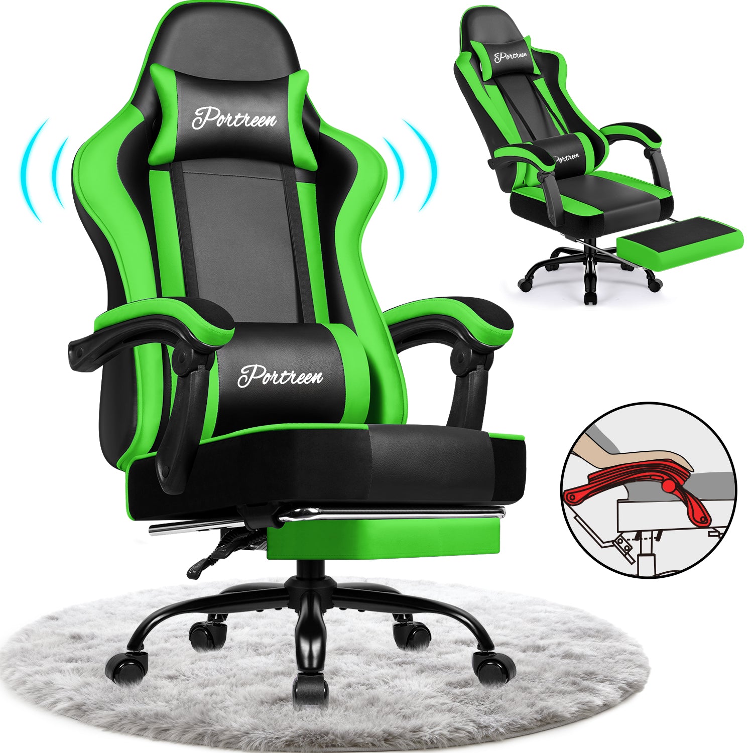 GTIMEX Gaming-Stuhl, ergonomischer Bürostuhl mit ausziehbarer Fußstütze, Gaming-Stuhl mit Kopfstütze und Lendenwirbelstütze, gepolsterter Gaming-Sessel 150 kg, höhenverstellbarer Gaming-Stuhl