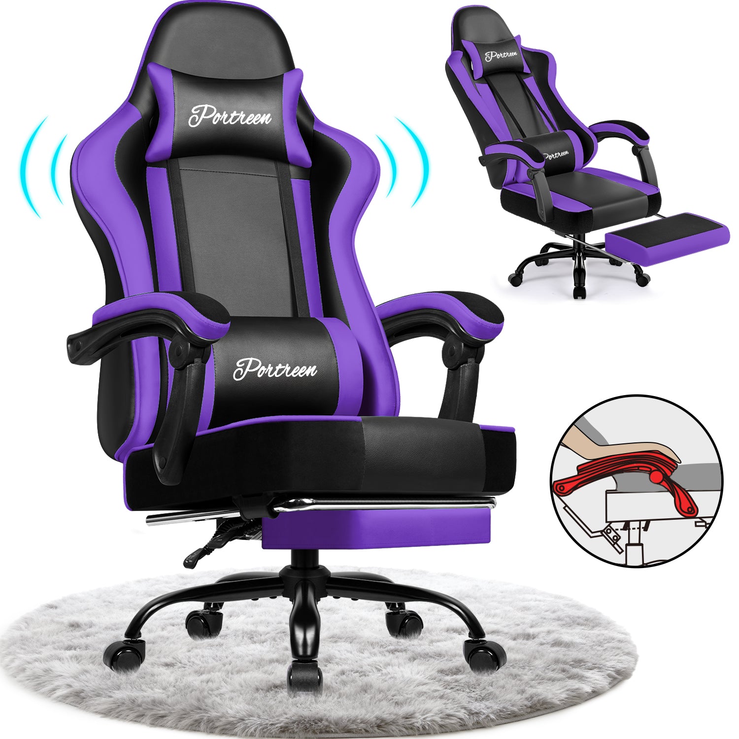 GTIMEX Gaming-Stuhl, ergonomischer Bürostuhl mit ausziehbarer Fußstütze, Gaming-Stuhl mit Kopfstütze und Lendenwirbelstütze, gepolsterter Gaming-Sessel 150 kg, höhenverstellbarer Gaming-Stuh