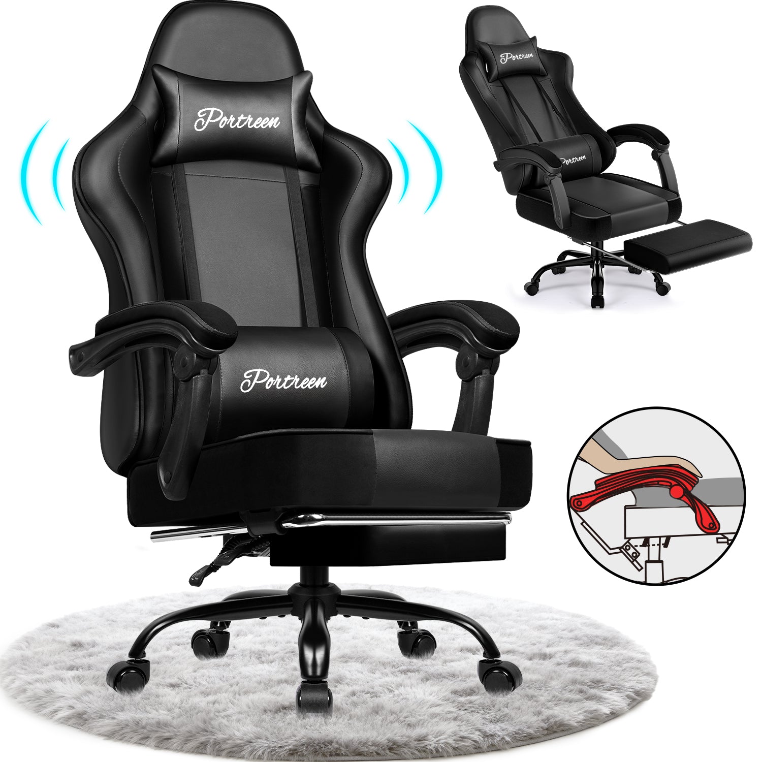 GTIMEX Gaming-Stuhl, ergonomischer Bürostuhl mit ausziehbarer Fußstütze, Gaming-Stuhl mit Kopfstütze und Lendenwirbelstütze, gepolsterter Gaming-Sessel 150 kg, höhenverstellbarer Gaming-Stuhl