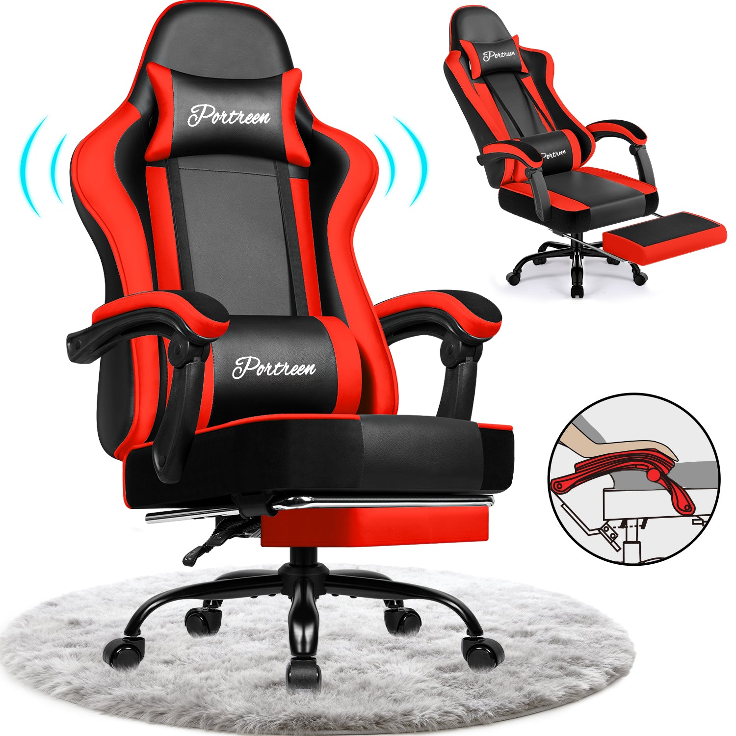 GTIMEX Gaming-Stuhl, ergonomischer Bürostuhl mit ausziehbarer Fußstütze, Gaming-Stuhl mit Kopfstütze und Lendenwirbelstütze, gepolsterter Gaming-Sessel 150 kg, höhenverstellbarer Gaming-Stuhl