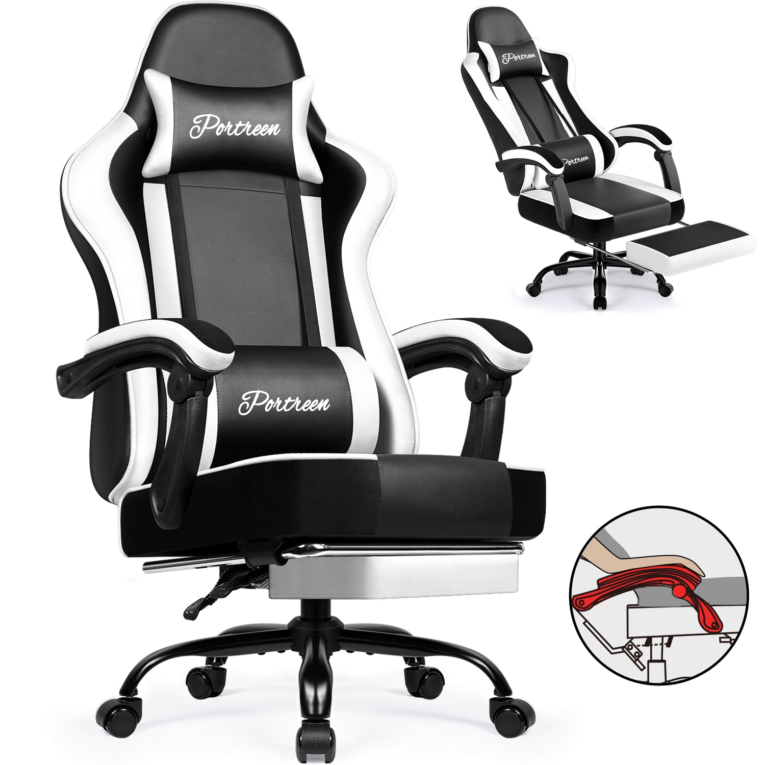 GTIMEX Gaming-Stuhl, ergonomischer Bürostuhl mit ausziehbarer Fußstütze, Gaming-Stuhl mit Kopfstütze und Lendenwirbelstütze, gepolsterter Gaming-Sessel 150 kg, höhenverstellbarer Gaming-Stuhl