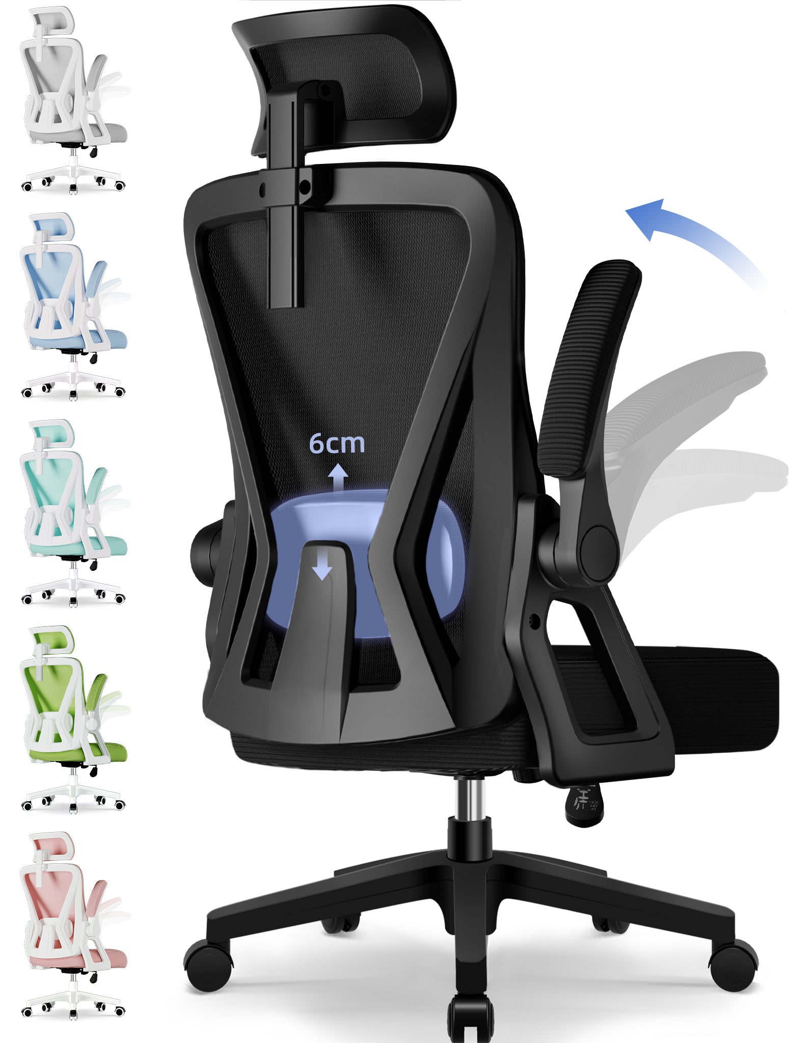 GTIMEX Bürostuhl,Bürostuhl Ergonomisch mit Verstellbarer Kopfstütze,Armlehnen und Lendenwirbelstütze, Schreibtischstuhl Drehstuhl Wippfunktion bis 135°,Chefsessel Rückenschonend,belastbar 150kg