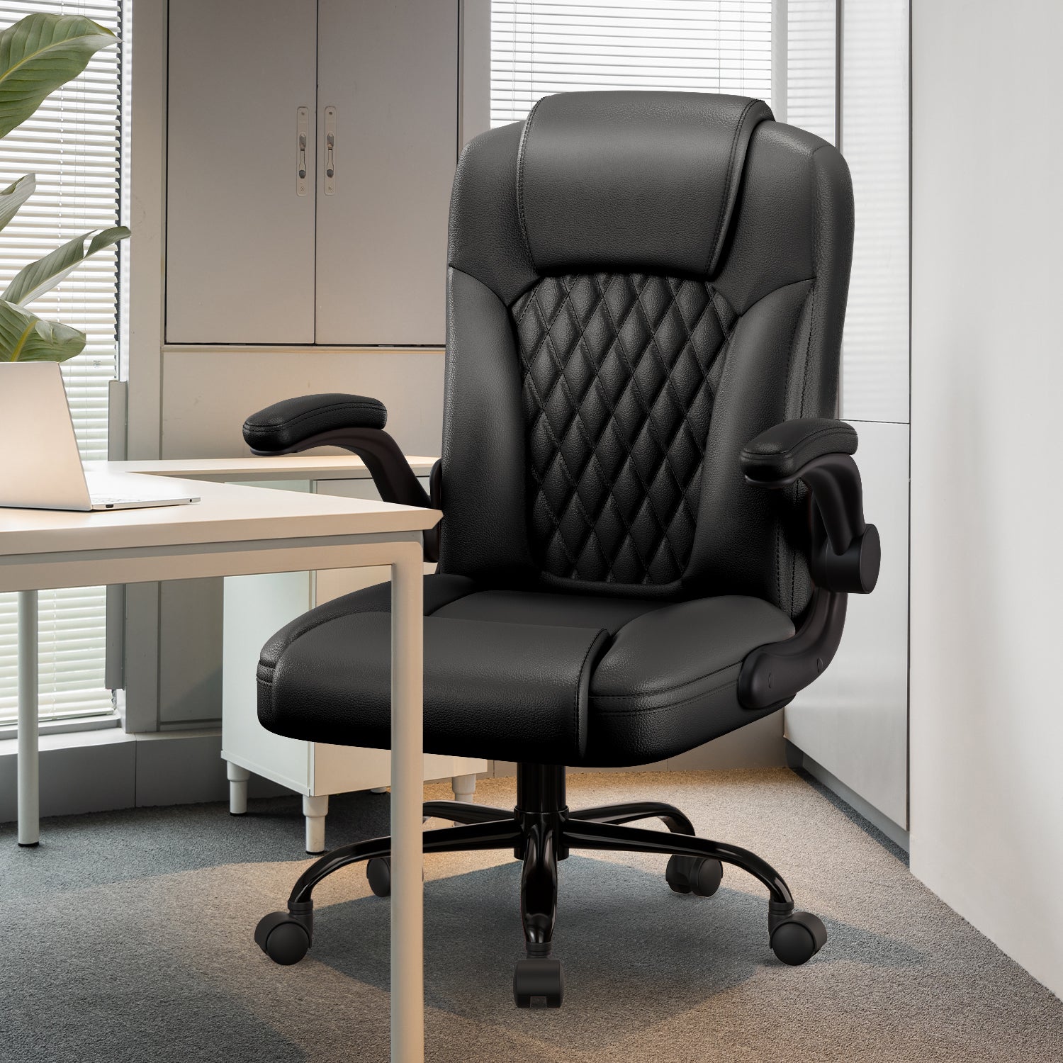 GTIMEX Bürostuhl Ergonomisch, Kunstleder Schreibtischstuhl 90° Klappbaren Armlehnen,Schreibtisch Stuhl 90-120° Wippfunktion, Ergonomischer Bürostuhl mit Lendenwirbelstütze,Schreibstuhl Höhenverstellbar, 150kg Belastbar