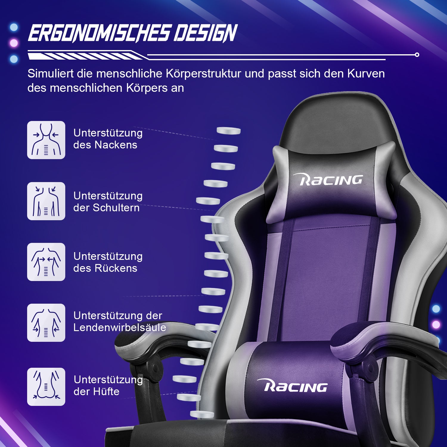 GTIMEX Gaming-Stuhl, ergonomischer Bürostuhl mit ausziehbarer Fußstütze, Gaming-Stuhl mit Kopfstütze und Lendenwirbelstütze, gepolsterter Gaming-Sessel 150 kg, höhenverstellbarer Gaming-Stuhl