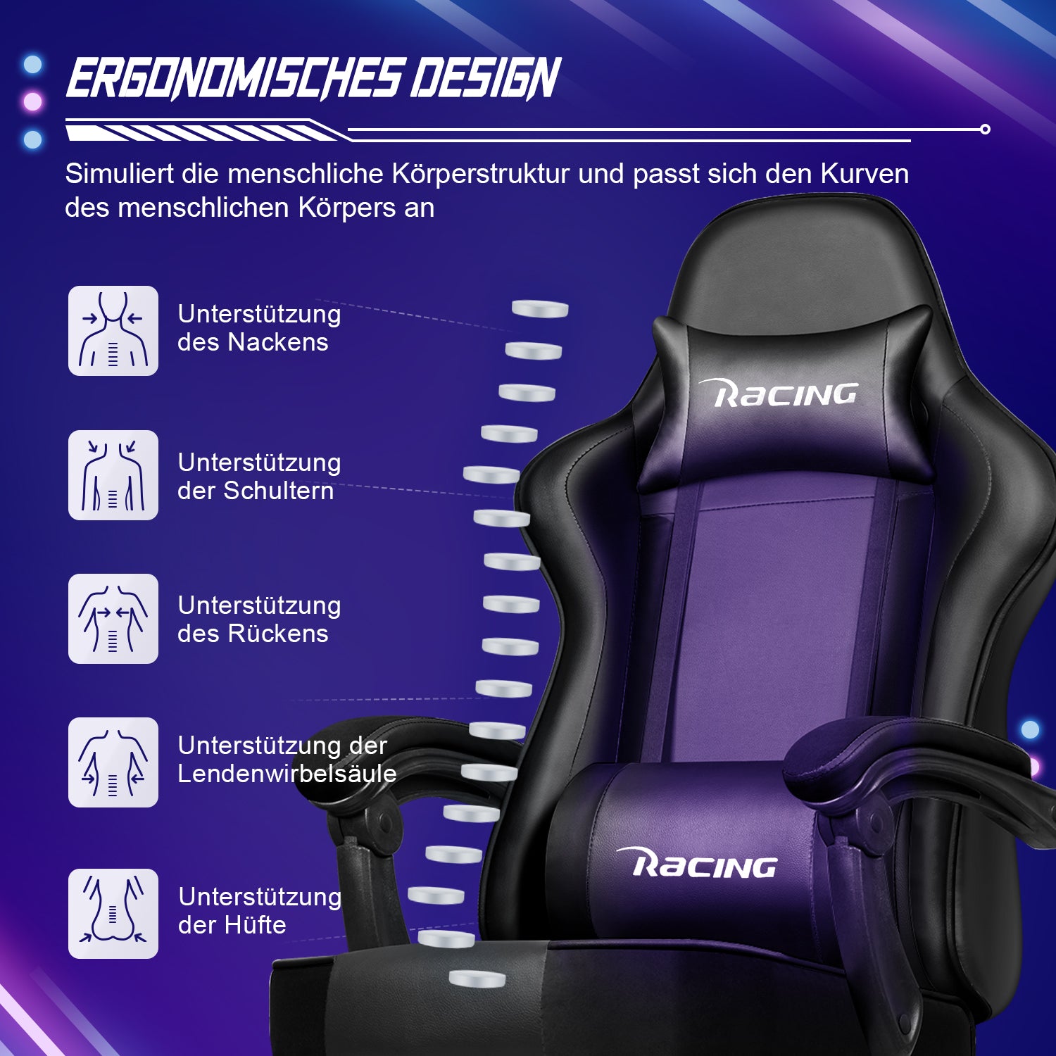 GTIMEX Gaming-Stuhl, ergonomischer Bürostuhl mit ausziehbarer Fußstütze, Gaming-Stuhl mit Kopfstütze und Lendenwirbelstütze, gepolsterter Gaming-Sessel 150 kg, höhenverstellbarer Gaming-Stuhl