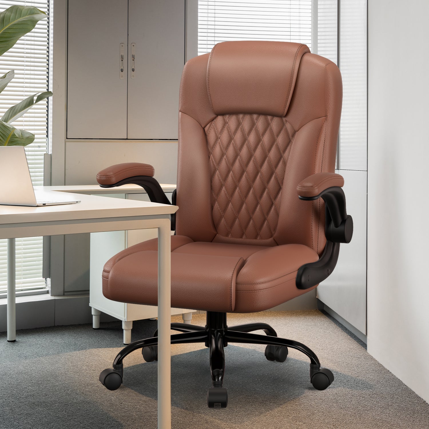 GTIMEX Bürostuhl Ergonomisch, Kunstleder Schreibtischstuhl 90° Klappbaren Armlehnen,Schreibtisch Stuhl 90-120° Wippfunktion, Ergonomischer Bürostuhl mit Lendenwirbelstütze,Schreibstuhl Höhenverstellbar, 150kg Belastbar