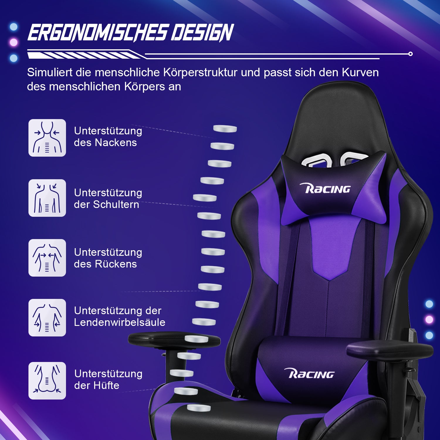 GTIMEX Gaming Stuhl, Bürostuhl Ergonomisch mit verstellbare Lendenkissen, Kopfkissen und Armlehnen,Gaming Chair Gepolstert,Gamer Stuhl Wippfunktion,Gaming Stuhl 150 kg Belastbarkeit