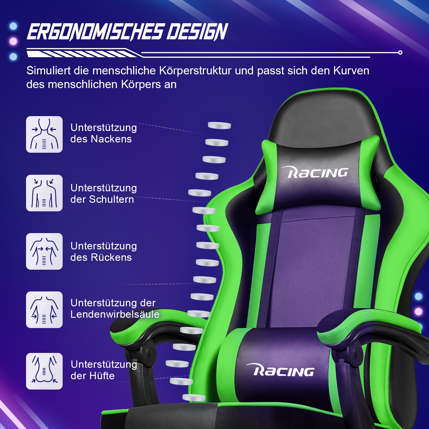 GTIMEX Gaming-Stuhl, ergonomischer Bürostuhl mit ausziehbarer Fußstütze, Gaming-Stuhl mit Kopfstütze und Lendenwirbelstütze, gepolsterter Gaming-Sessel 150 kg, höhenverstellbarer Gaming-Stuhl