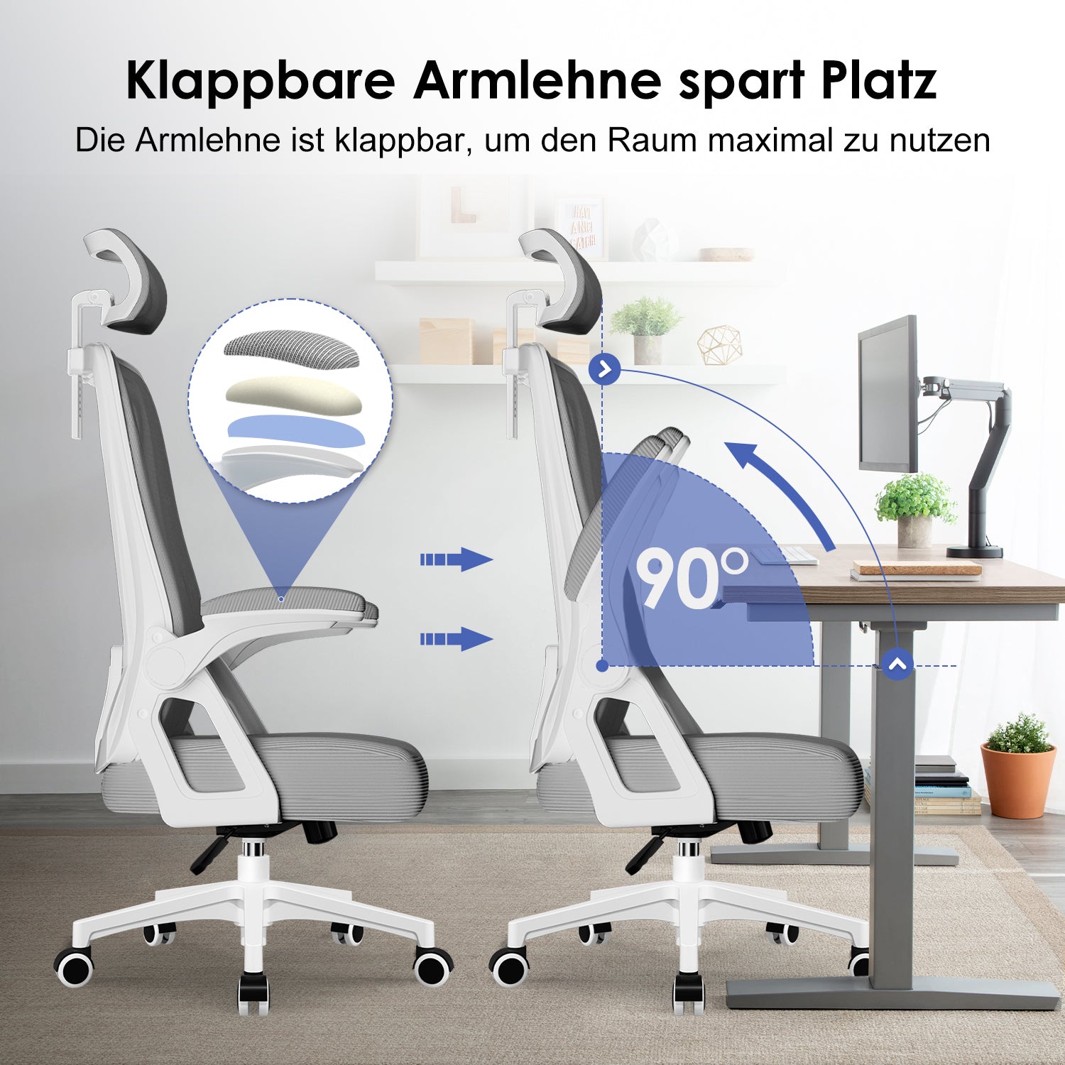GTIMEX Bürostuhl,Bürostuhl Ergonomisch mit Verstellbarer Kopfstütze,Armlehnen und Lendenwirbelstütze, Schreibtischstuhl Drehstuhl Wippfunktion bis 135°,Chefsessel Rückenschonend, 150kg, Grau