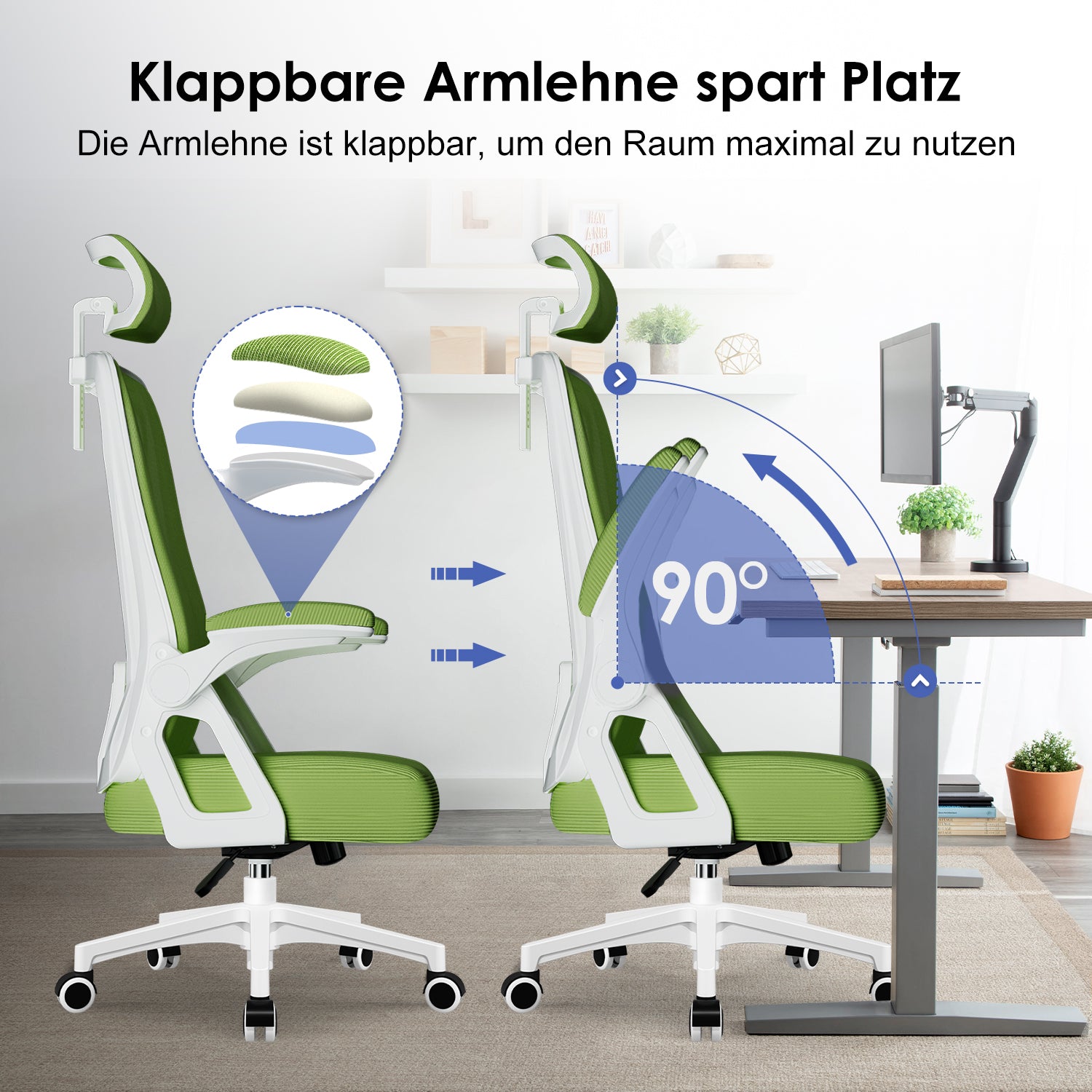 GTIMEX Bürostuhl,Bürostuhl Ergonomisch mit Verstellbarer Kopfstütze,Armlehnen und Lendenwirbelstütze, Schreibtischstuhl Drehstuhl Wippfunktion bis 135°,Chefsessel Rückenschonend, 150kg, Grau