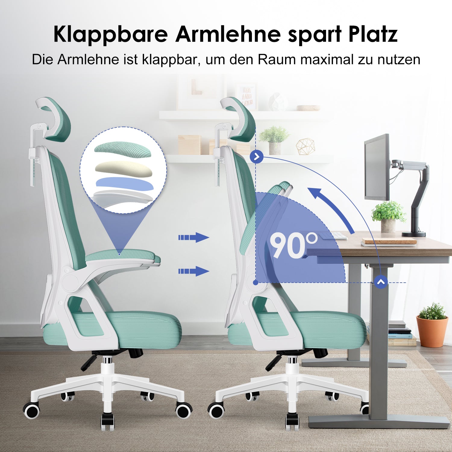GTIMEX Bürostuhl,Bürostuhl Ergonomisch mit Verstellbarer Kopfstütze,Armlehnen und Lendenwirbelstütze, Schreibtischstuhl Drehstuhl Wippfunktion bis 135°,Chefsessel Rückenschonend, 150kg, Blaugrün
