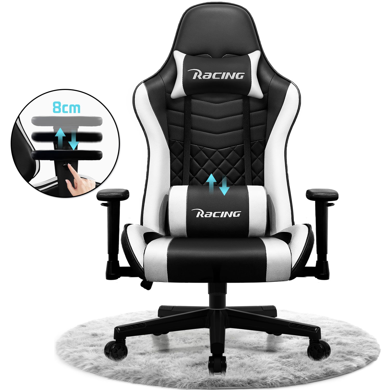GTIMEX Gaming-Stuhl, ergonomischer Bürostuhl mit verstellbarer Lendenstütze, Kopfstütze und Armlehnen, gepolsterter Gaming-Stuhl, Gaming-Stuhl mit Neigungsfunktion, Gaming-Stuhl mit 150 kg Belastbarkeit