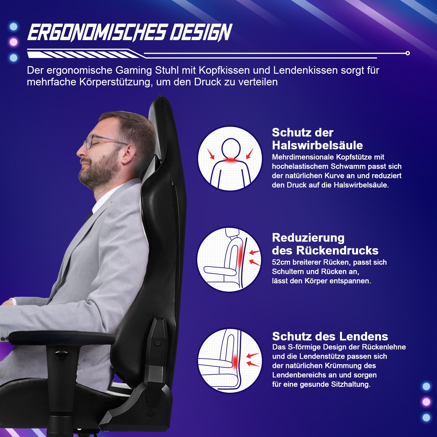 GTIMEX Gaming-Stuhl, ergonomischer Bürostuhl mit verstellbarer Lendenstütze, Kopfstütze und Armlehnen, gepolsterter Gaming-Stuhl, Gaming-Stuhl mit Neigungsfunktion, Gaming-Stuhl mit 150 kg Belastbarkeit
